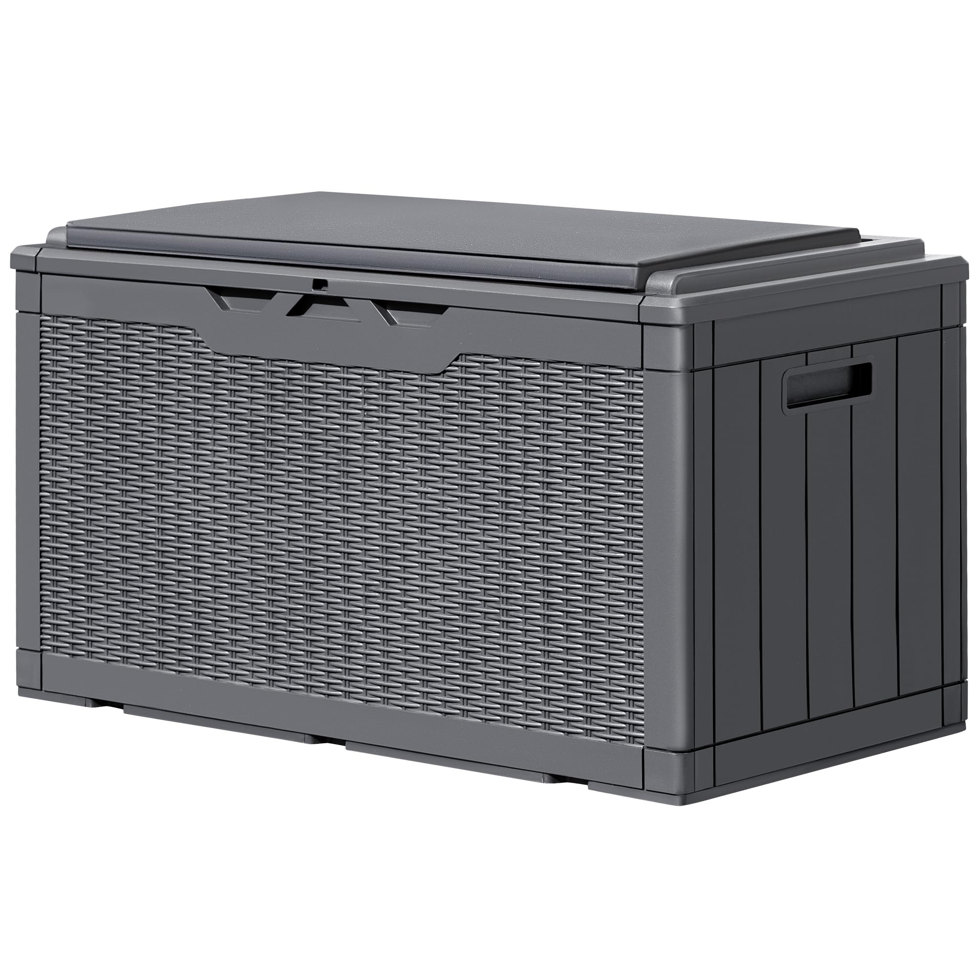 GUNJI 100 Gallon Resin Deck Box with Cushion - Outdoor Weatherproof Storage Container for Patio Furniture, Garden Tools & Pool Accessories - Lockable Large Storage Box for Backyard, Deck & Poolside Organization (Gray)