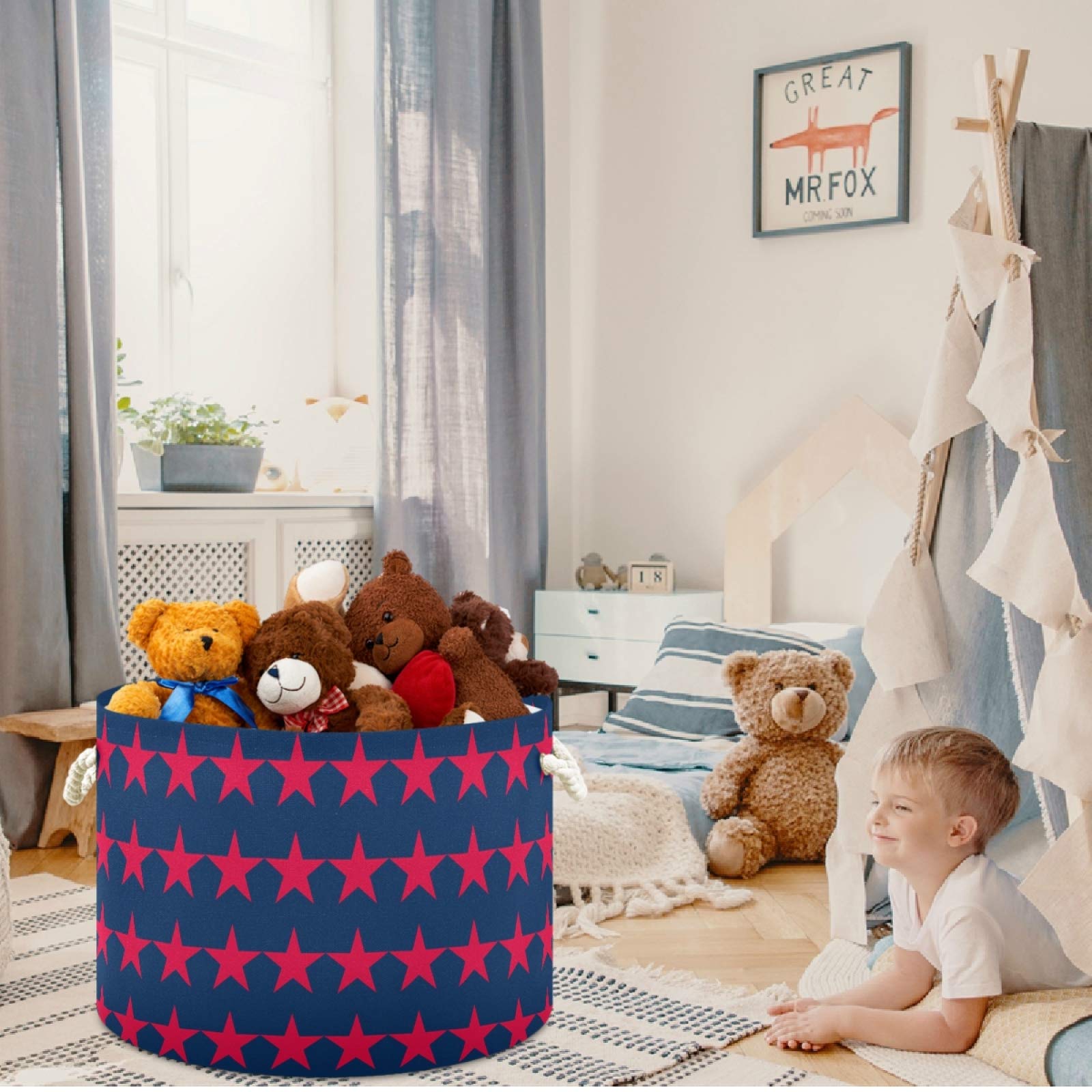 Visesunny Storage Basket with Red Stars on Blue - Nursery Hamper, Canvas Fabric Toy Organizer Bin, Laundry Basket for Kids Room, Playroom, Shelves | Perfect for Toy Storage, Gift Basket & Baby Clothes Organization