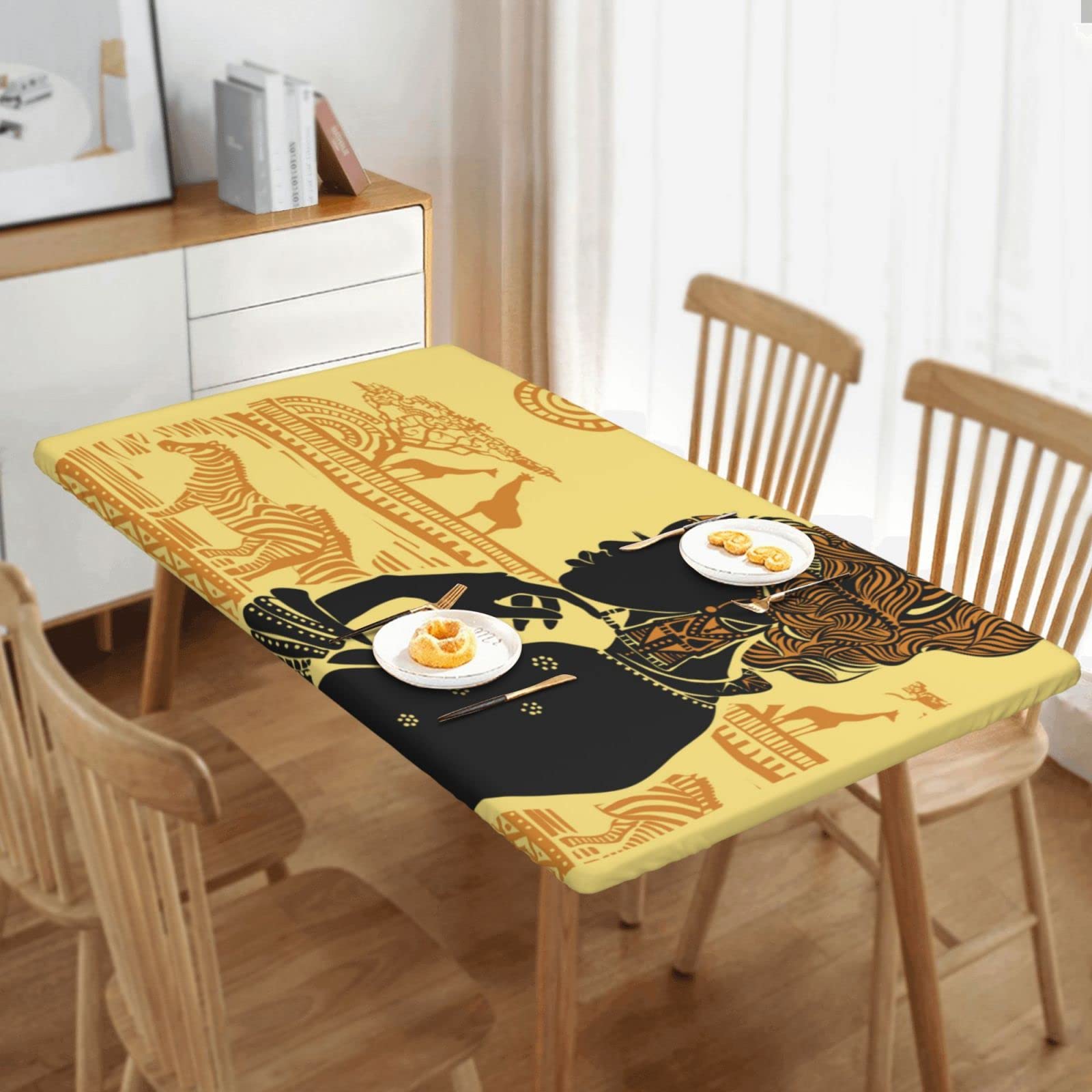 Waterproof Silhouette Women Tablecloth for 5ft Rectangle Tables - Foldable Elastic Edged African Print Table Cover for Indoor Outdoor Patio Dining, Parties & Events