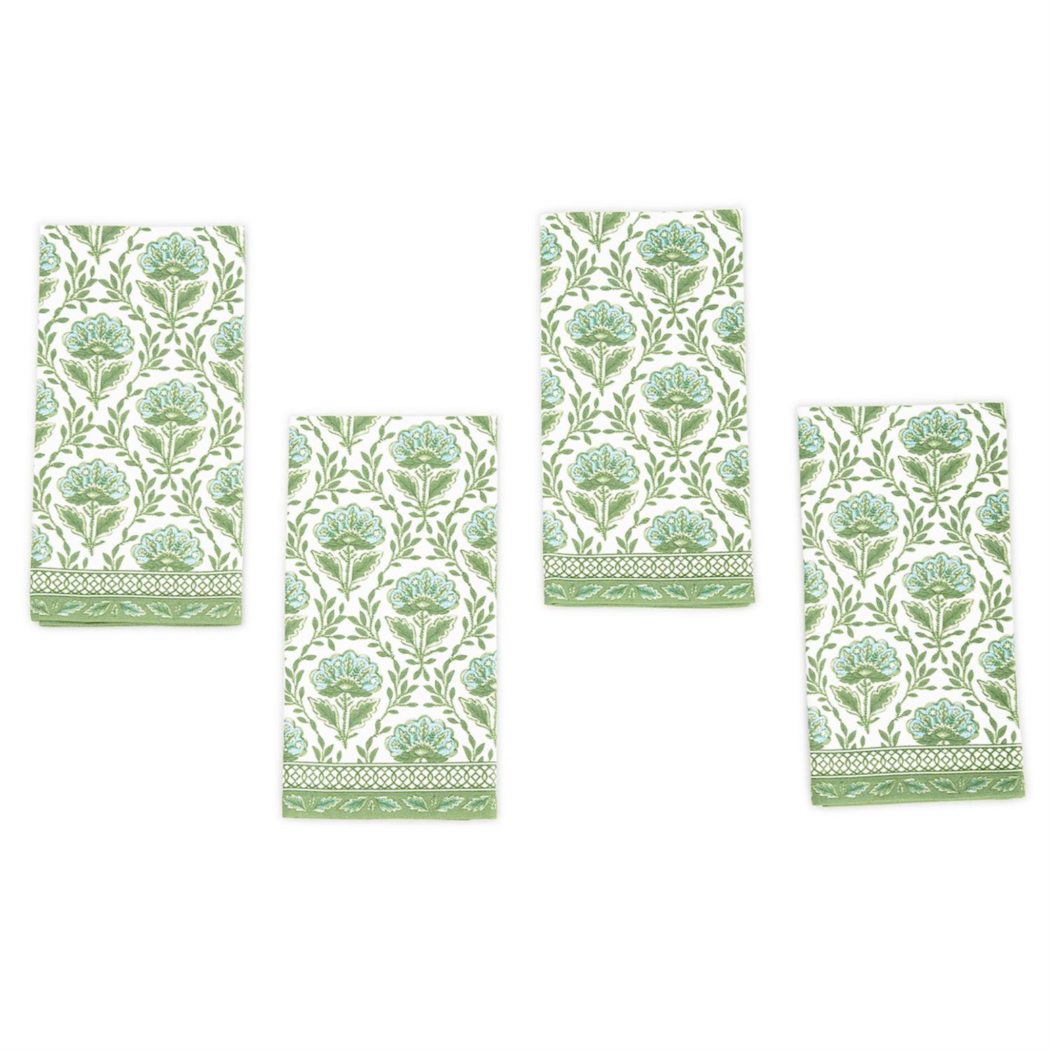 Countryside Green Floral Block Print Napkins - 100% Cotton Decorative Table Napkins for Dinner Party, Wedding, and Home Decor - Set of 12