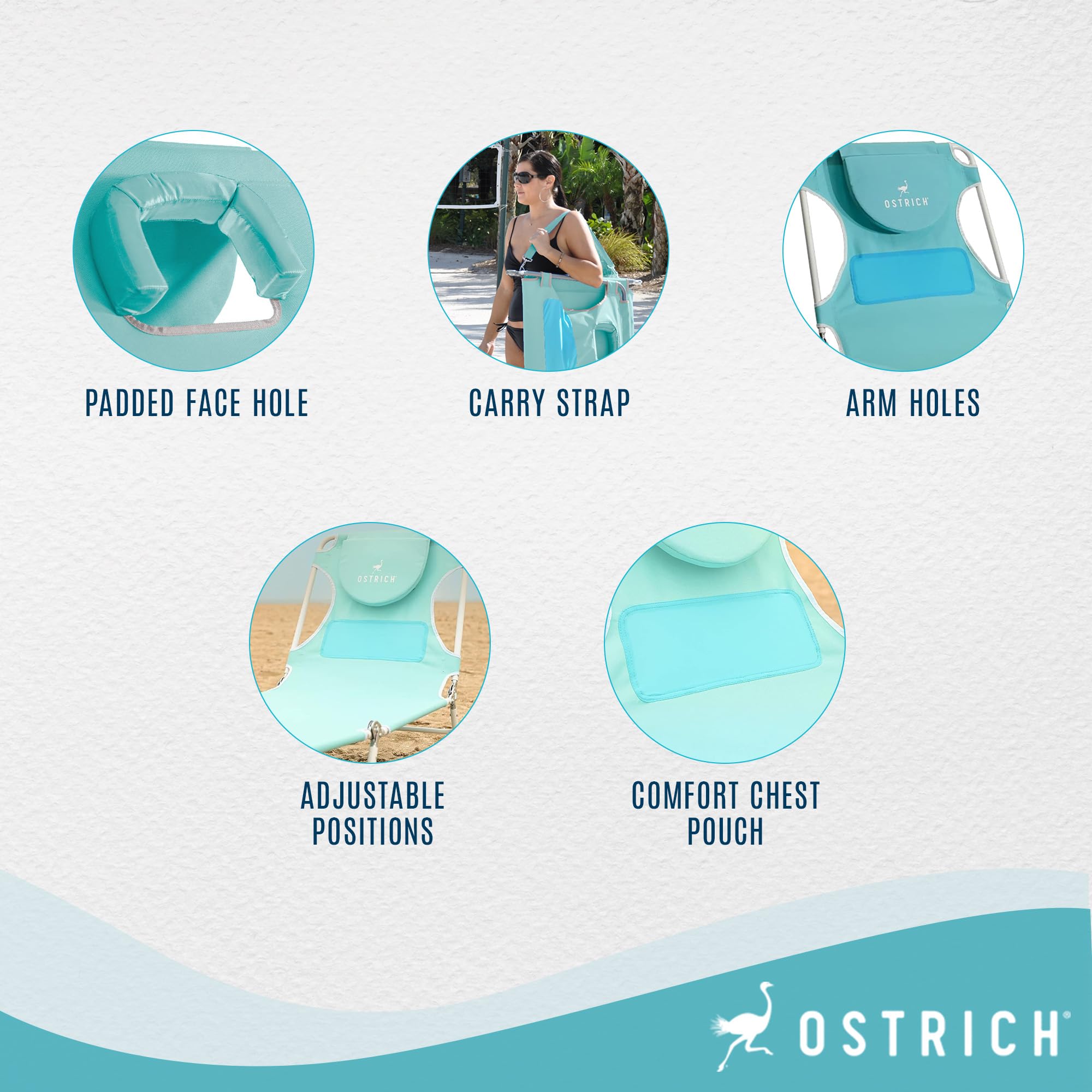 Ostrich Ladies Comfort Lounger - Foldable Beach Camping Pool Tanning Chair in Aqua | Perfect for Outdoor Relaxation, Sunbathing & Travel