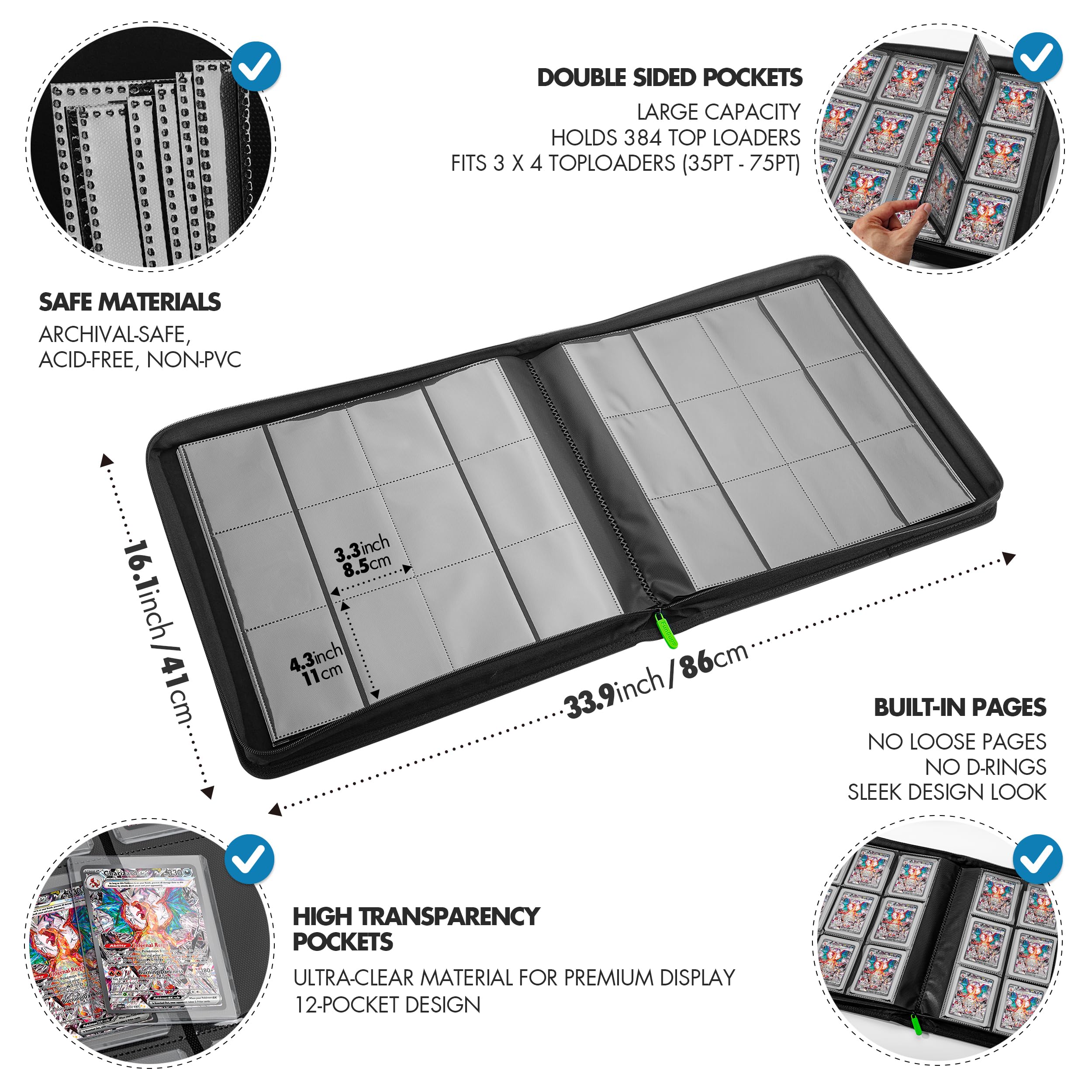 Premium 384-Pocket Toploader Binder for Trading Cards - Pokemon, Yugioh & MTG Card Storage | 12-Pocket TCG Binder with Top Loader Protection | Perfect for Collectors, Tournaments & Card Organization