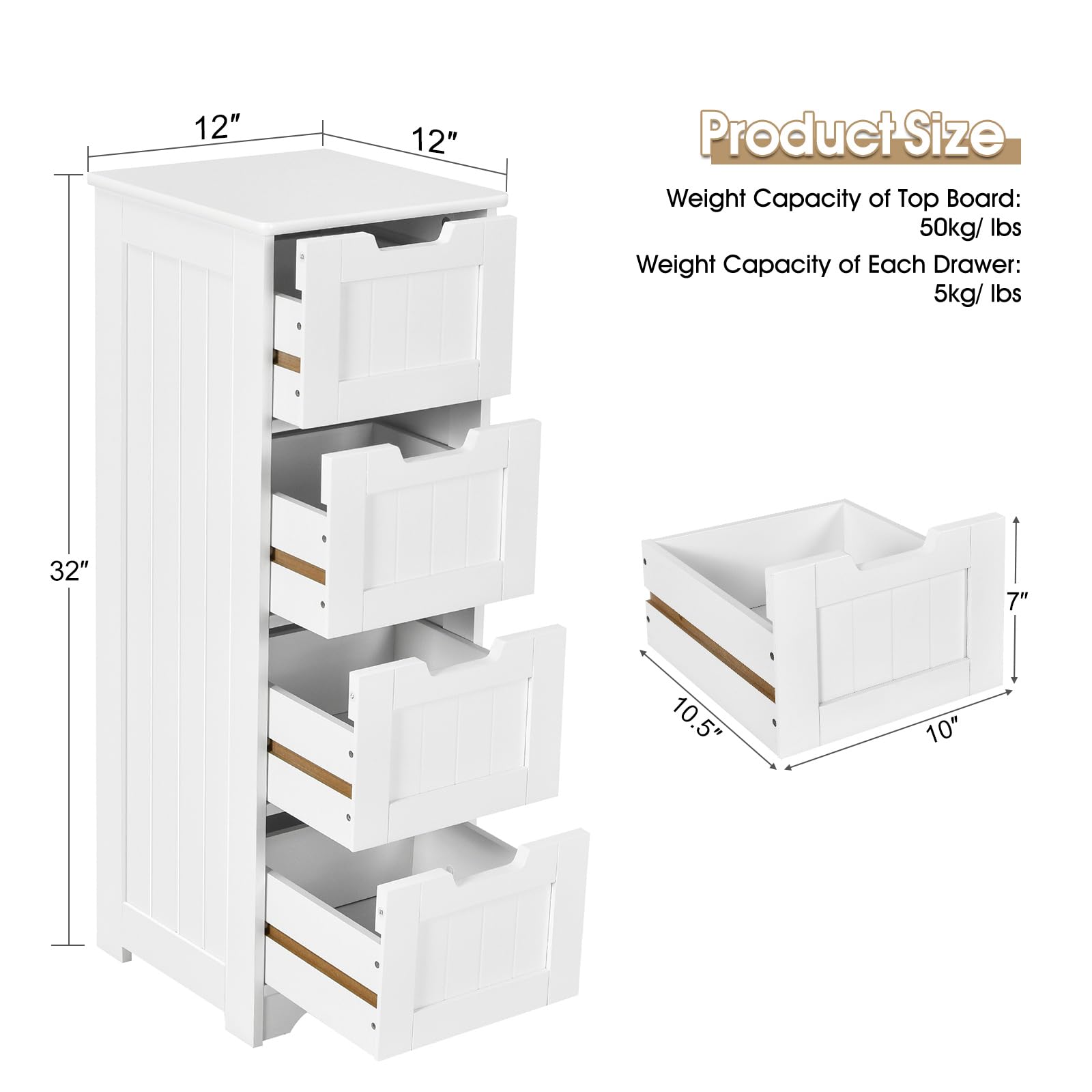 LOKO 4-Drawer Floor Storage Cabinet with Anti-Tip Safety Device, Multifunctional Bathroom Cabinet for Living Room, Kitchen, Bedroom - 12 x 12 x 32 Inches, White | Space-Saving Organizer for Towels, Toiletries & Home Essentials