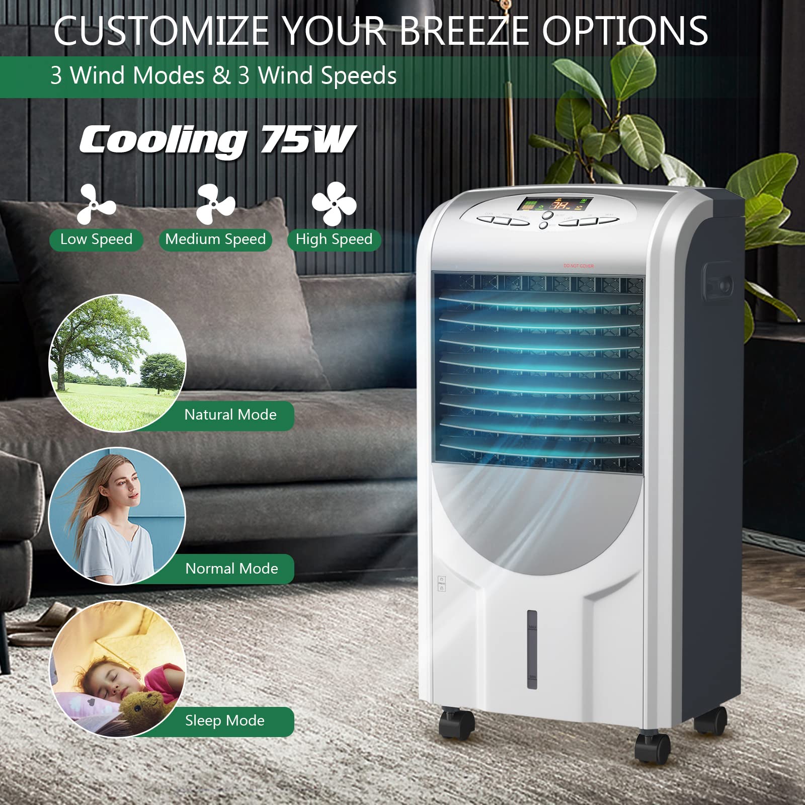 KOTEK 5-in-1 Portable Evaporative Air Cooler & Heater with Anion Function - Bladeless Quiet Cooling Fan with Remote Control, 8H Timer, 3 Modes & 3 Speeds - Perfect for Home, Office, Bedroom and Living Room Cooling