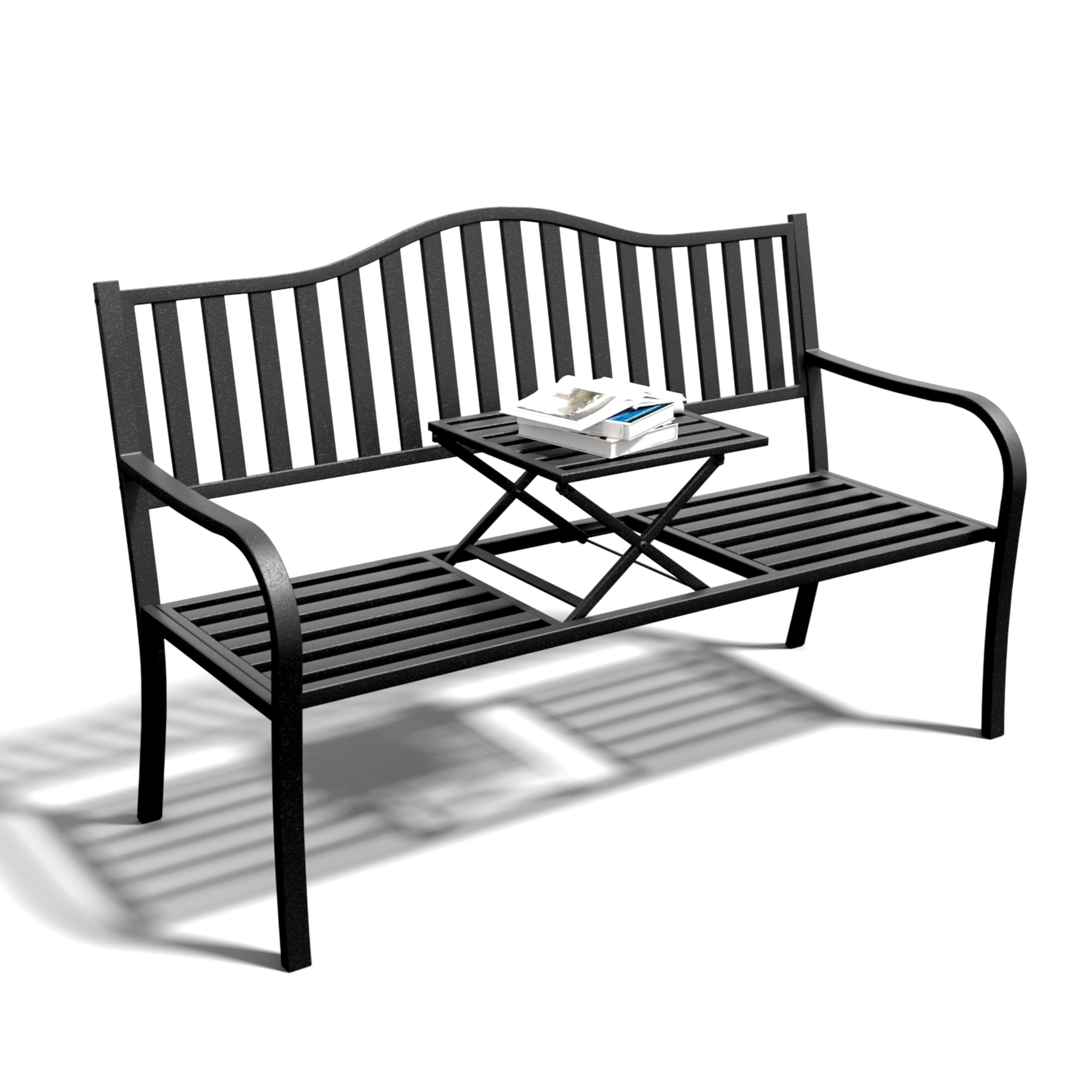 SHGJ&SOFT Outdoor Garden Bench with Small Table - Durable Cast Iron Metal Frame Patio Park Bench for Porch, Lawn, Yard & Backyard - Perfect for Relaxing, Entertaining & Outdoor Decor (D2644BK-1)