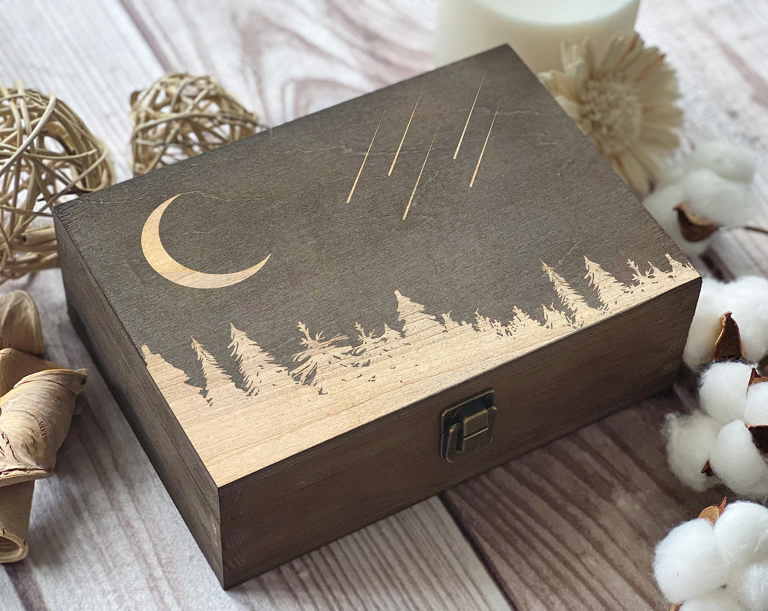 Celestial Charm Wooden Jewelry Box with Crescent Moon & Falling Stars Design - Perfect Gift for Friends, Family, Birthday & Keepsake - Ideal for Storing Rings, Necklaces & Small Treasures