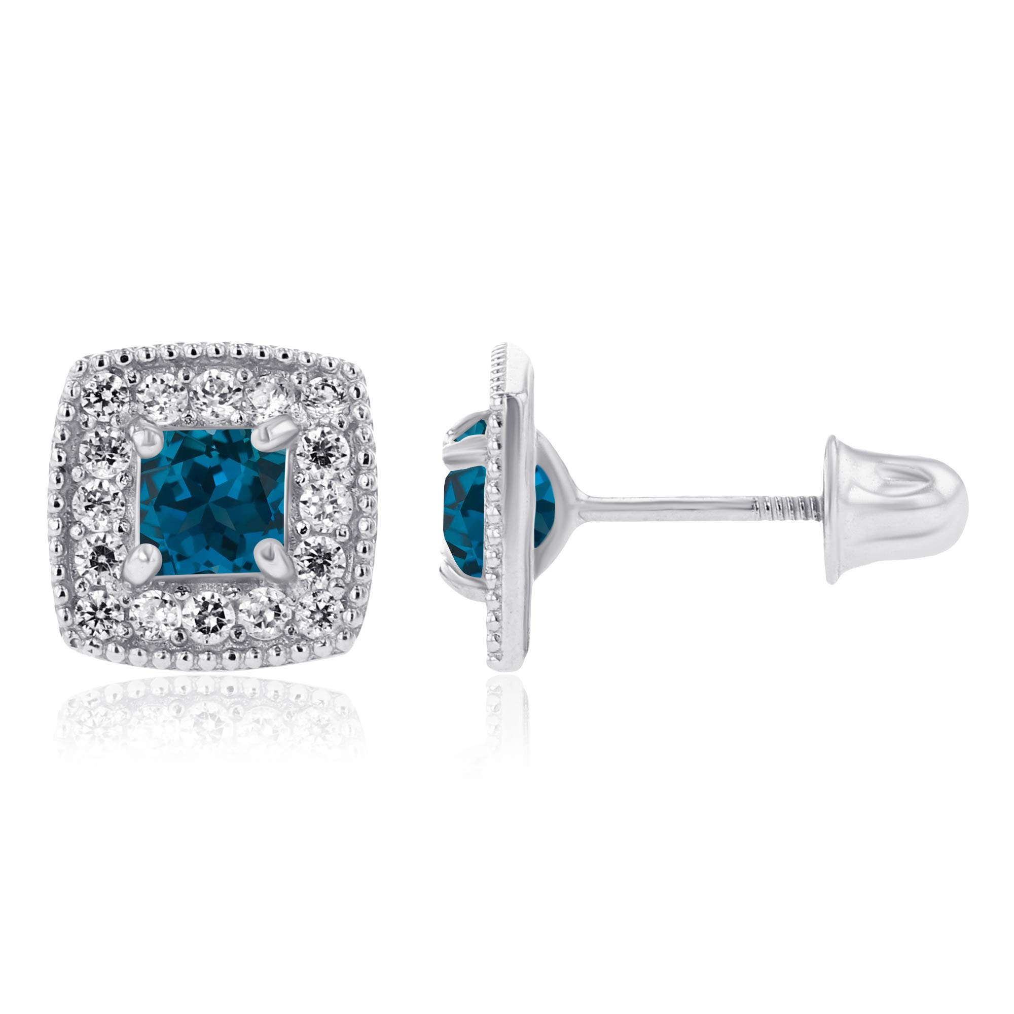14K Gold Cushion Natural Birthstone Stud Earrings for Women | 3mm Square Cut Screwback Earrings | White Sapphire Halo Earrings | Perfect for Birthdays, Anniversaries & Everyday Elegance
