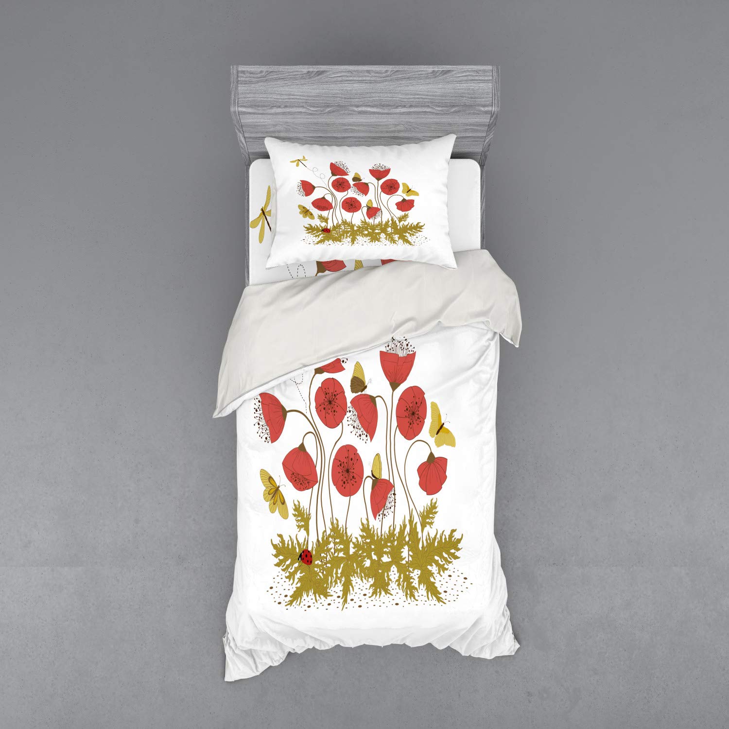 Ambesonne Floral Duvet Cover Set - Poppies, Dragonflies, Butterflies & Ladybugs Design | 3-Piece Twin XL Bedding Set with Sham & Fitted Sheet | Coral, Pale Khaki & White | Perfect for Spring & Summer Bedroom Decor