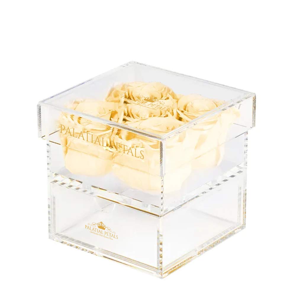 Long-Lasting Preserved Peach Roses in Acrylic Jewelry Box Organizer - Luxury Eternal Rose Storage Decor for Valentine's Day Gift (White) | Perfect for Home Decor, Wedding Centerpieces & Romantic Anniversary Presents