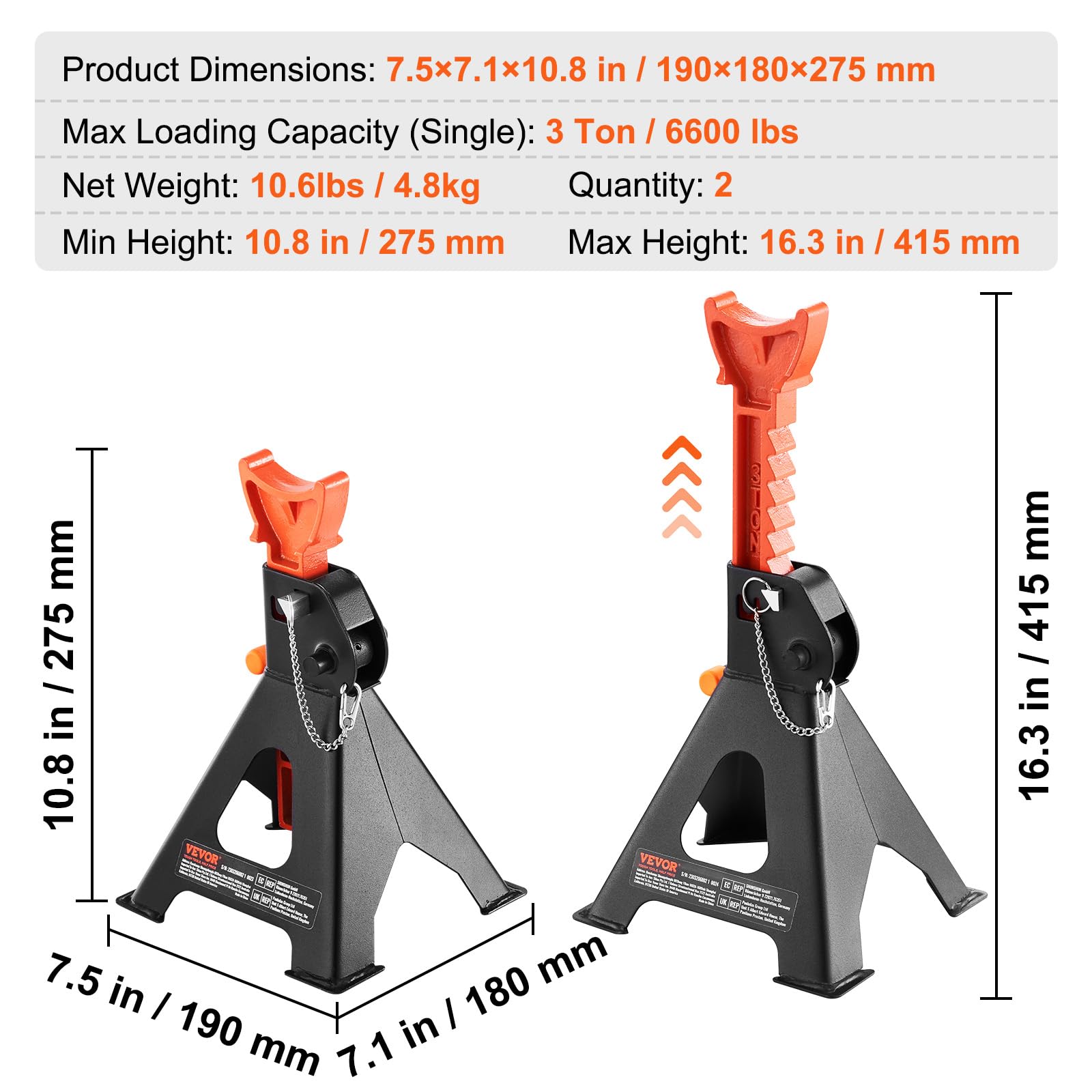 VEVOR 3 Ton (6,000 lbs) Capacity Double Locking Jack Stands - Adjustable Height 10.8-16.3 Inch for SUV, Pickup Truck, Car & UTV/ATV - Heavy Duty Vehicle Support for Garage, Auto Repair & Maintenance (Red, 1 Pair)