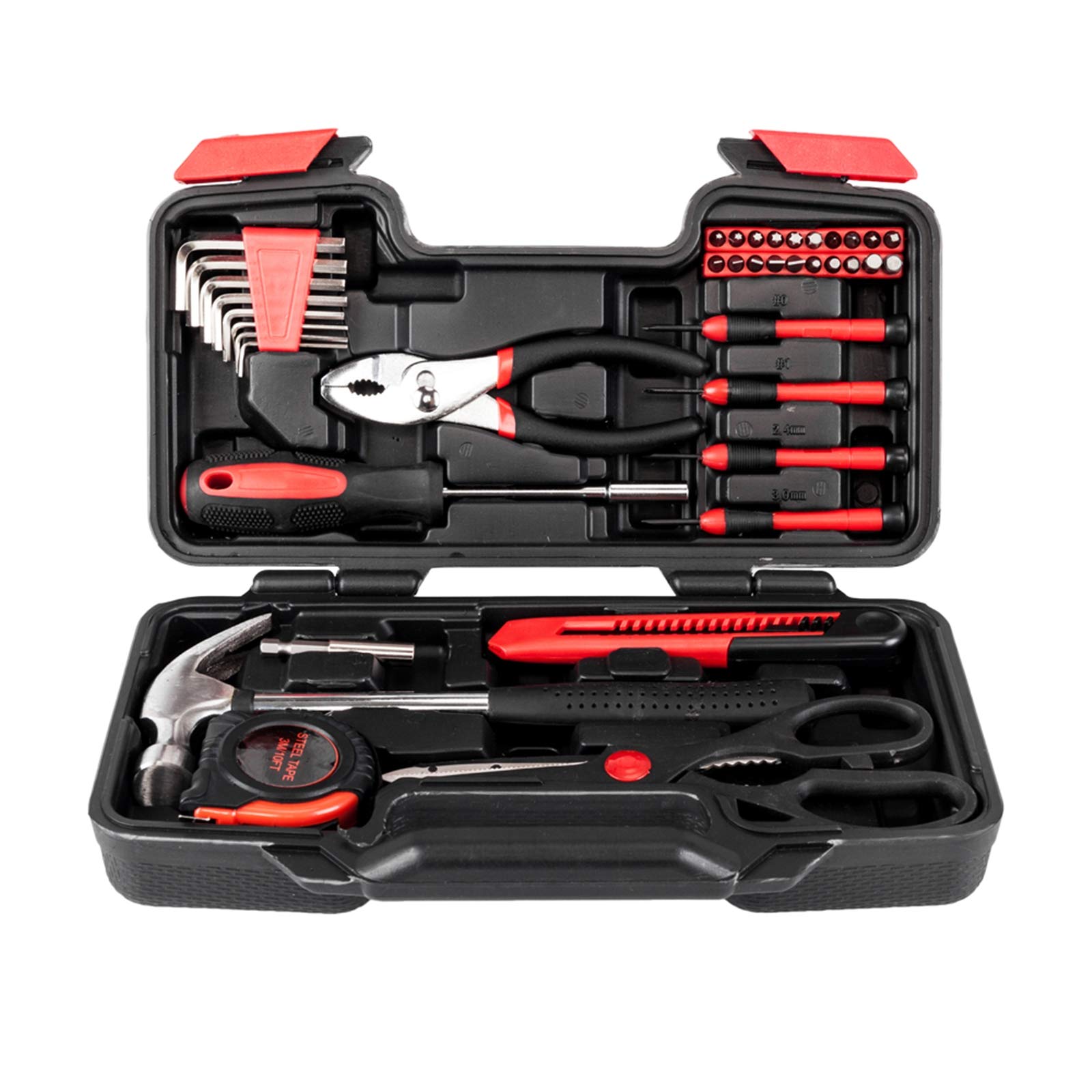 39-Piece Household Tool Kit Set with Plastic Toolbox Storage Case - Essential Hand Tools for Homeowners, DIYers & Handymen - Perfect for Home Repairs, Maintenance & Projects (Red)