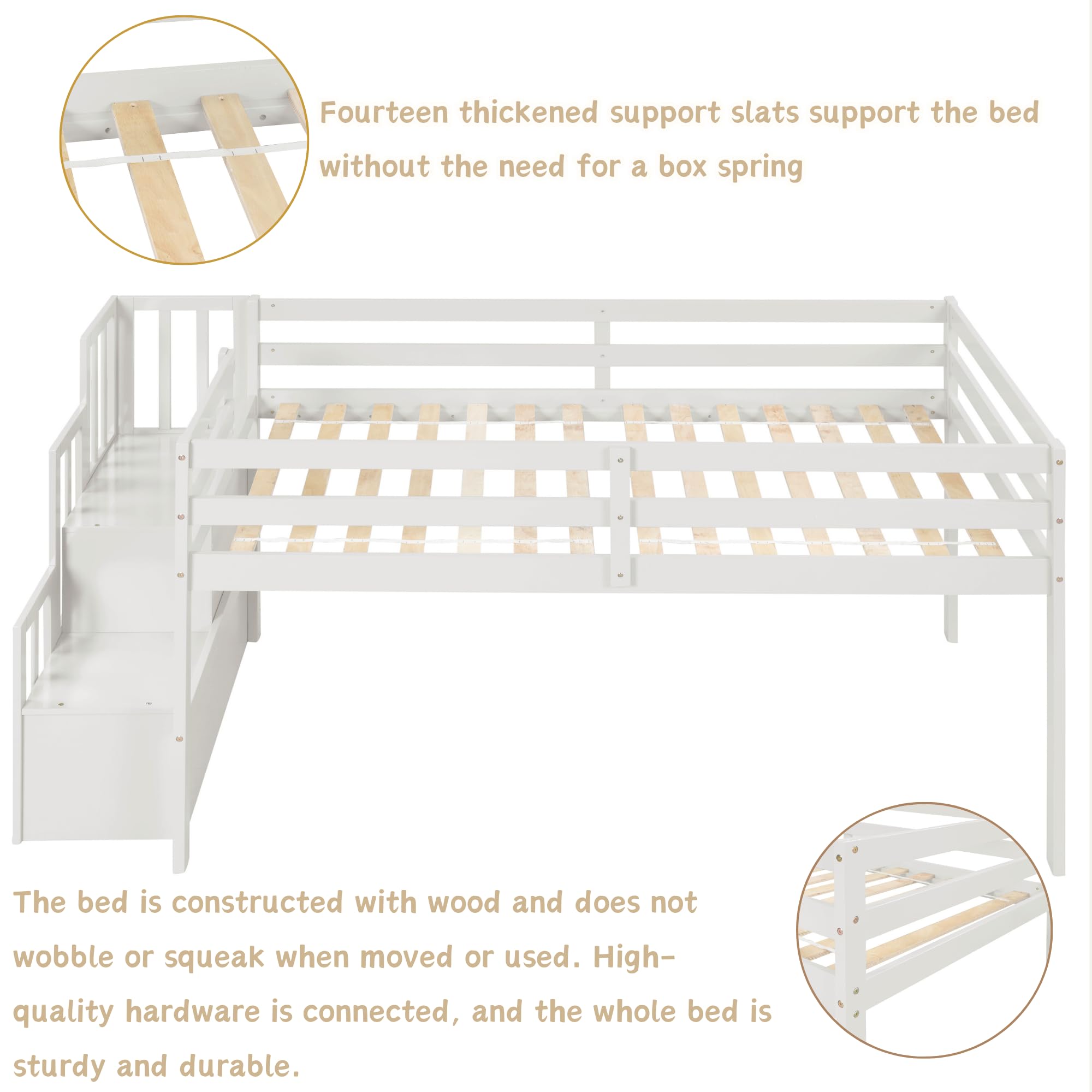 Bellemave Twin Size Low Loft Bed with Stairs & Storage - Sturdy Wooden Bed Frame for Kids, Teens, Boys & Girls - White - Perfect for Small Bedrooms, Dorm Rooms & Kids' Spaces