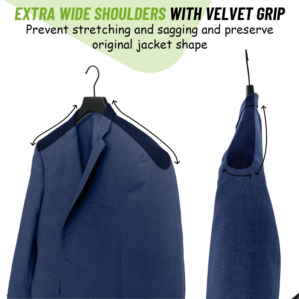 Premium Wooden Clothes Hangers - Heavy Duty Non-Slip Coat Hangers for Suits, Pants & Jackets - Wide Shoulder Design with Black Velvet Finish (12-Pack) - Perfect for Closet Organization & Luxury Wardrobe Storage
