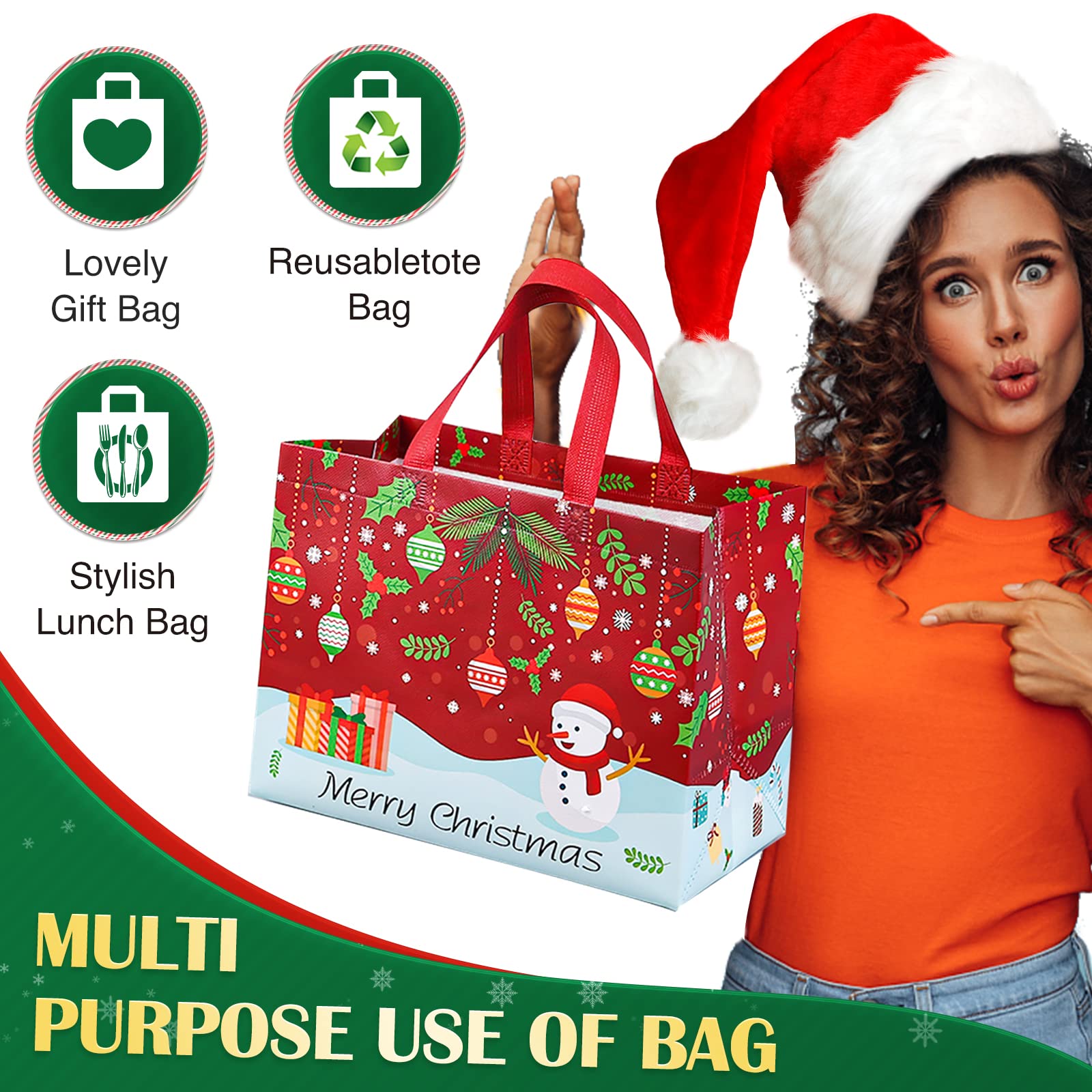18PCS Large Christmas Gift Bags - Reusable Holiday Tote Bags with Handles, Non-Woven Xmas Gift Wrapping Bags (12.8