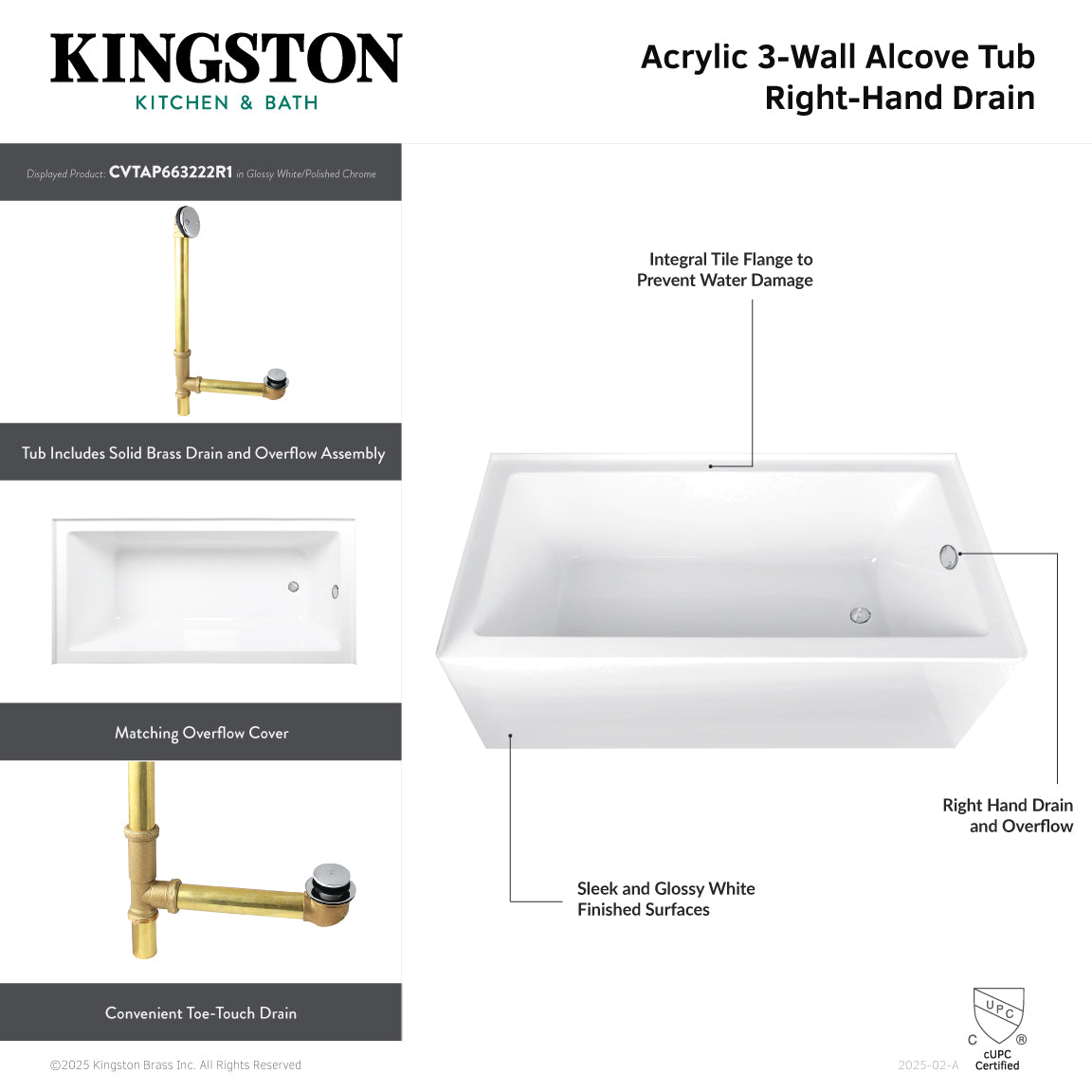 Aqua Eden 66 Inch Acrylic Rectangular 3 Wall Alcove Bathtub Combo with Waste & Overflow Drain - Glossy White/Oil Rubbed Bronze (Right Hand Drain) | Freestanding Soaking Tub for Modern Bathroom Renovation & Spa-Like Relaxation