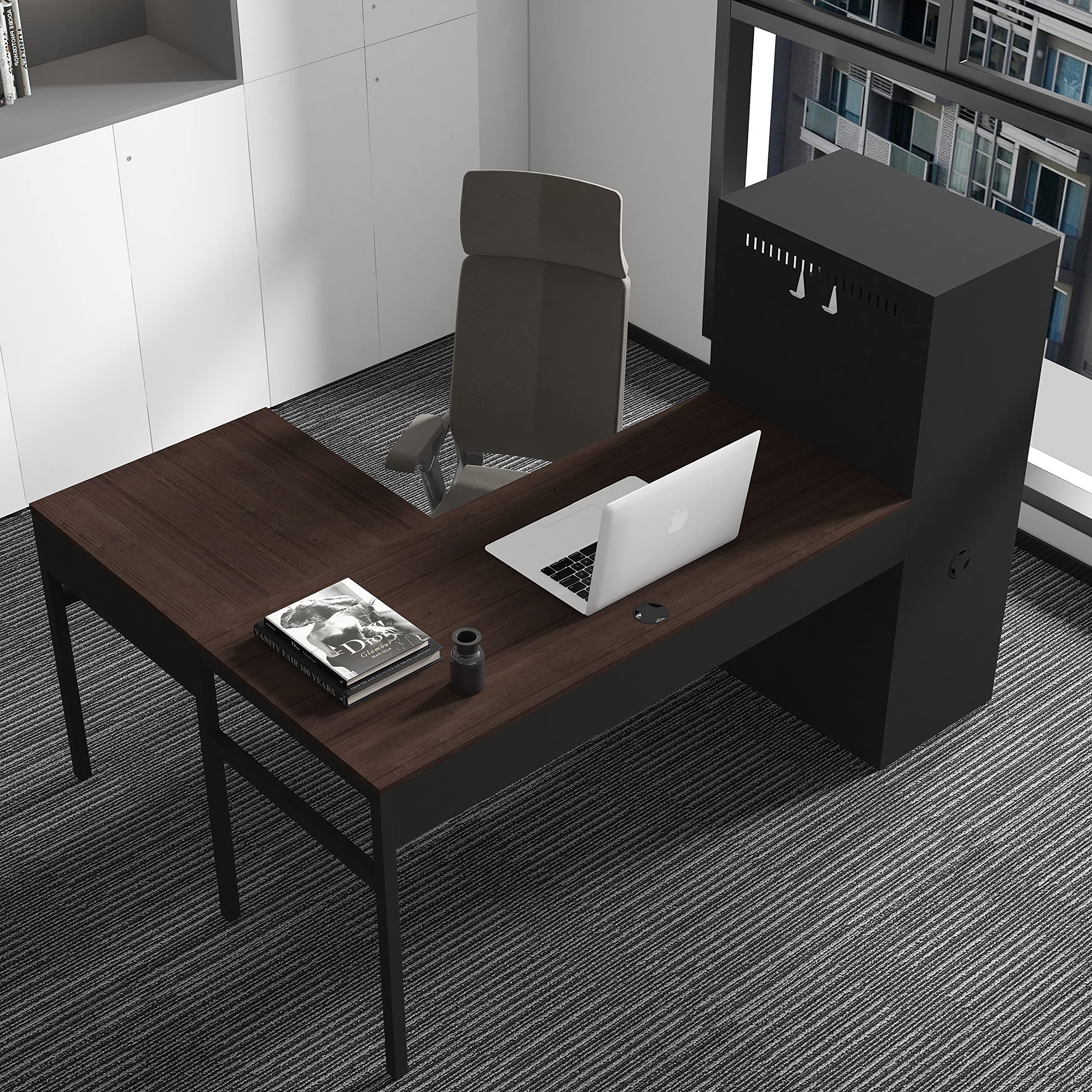 Black Metal Storage Cabinet with Desk - File Cabinet & Office Locker for Bedroom, Living Room, or Workspace - Space-Saving L-Shaped Desk Set for Home & Office Organization