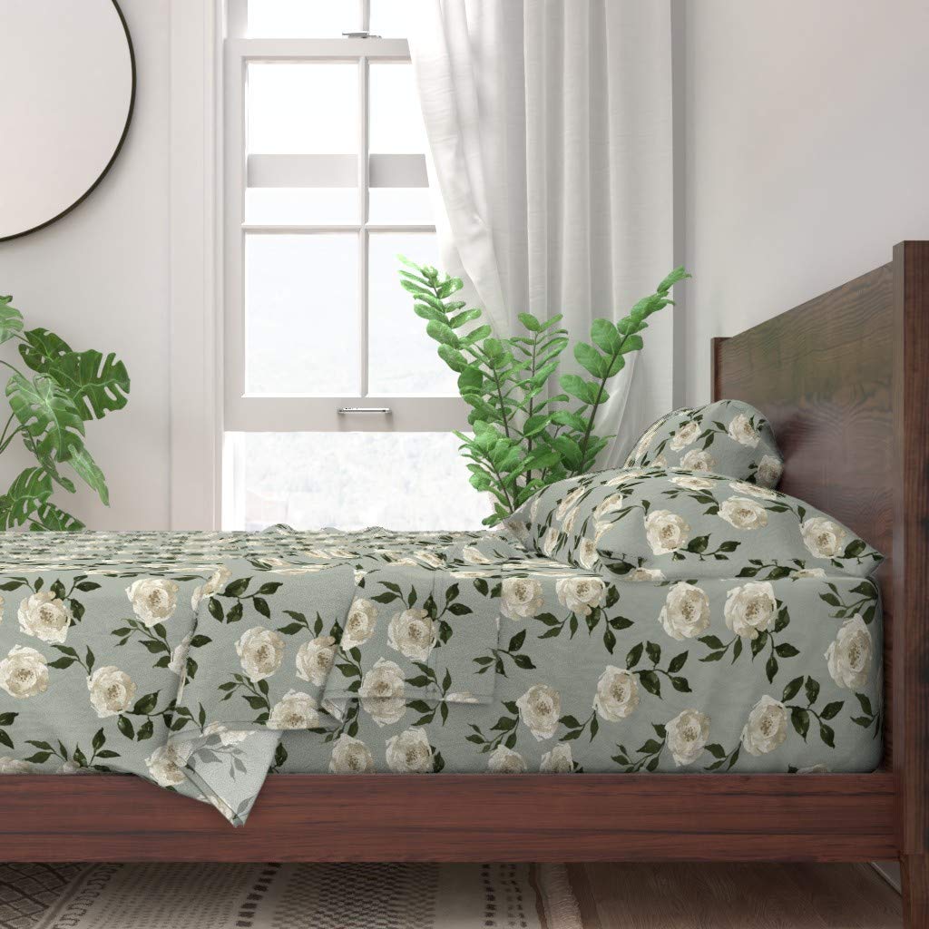 Spoonflower 100% Cotton Twin 3-Piece Sheet Set - Heart Taupe Olive Green Nursery Roses Floral Boho Chic Watercolor Spring Print | Soft & Breathable Bedding for Girls' Room, Nursery Decor, or Boho Chic Bedroom