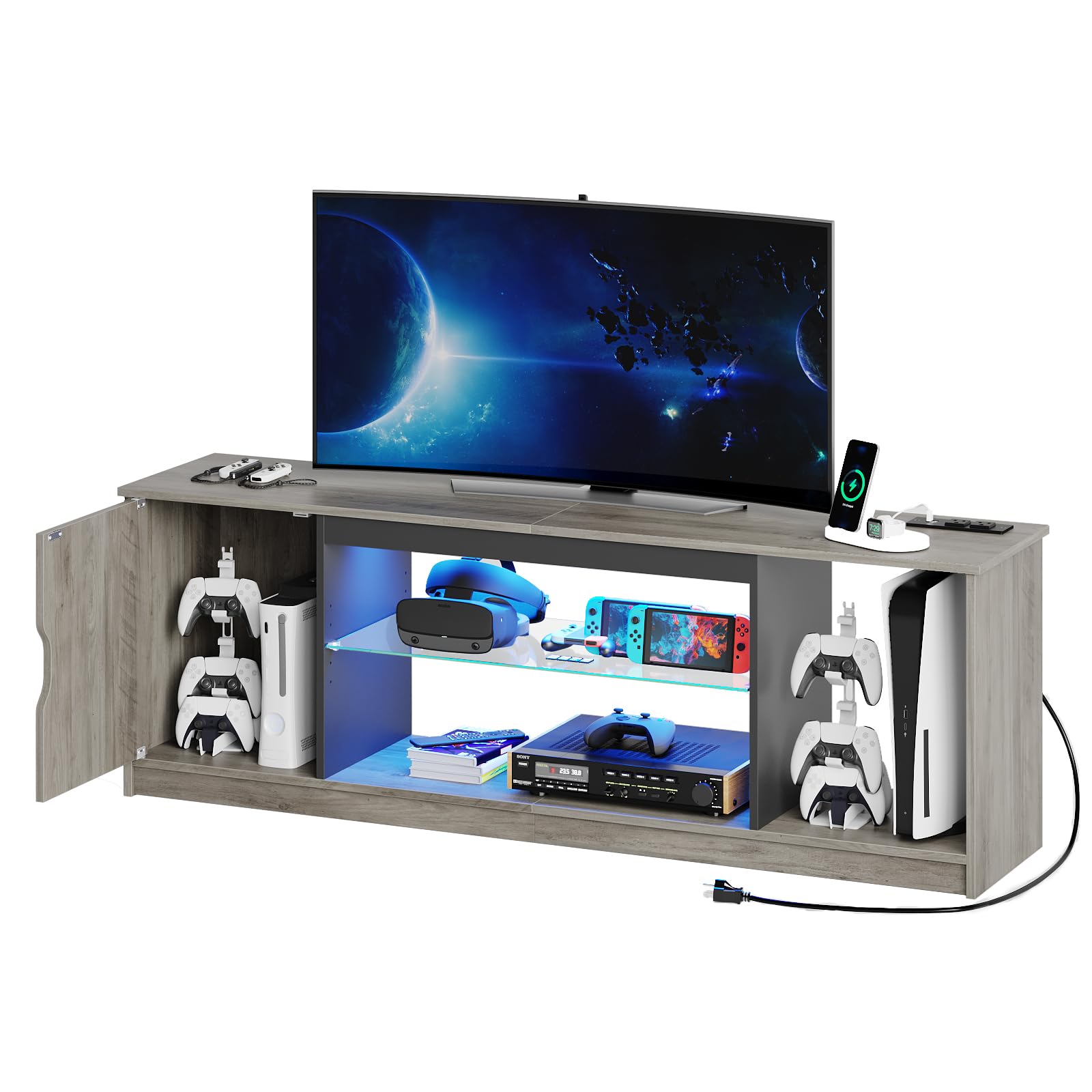 Bestier 58 Inch LED TV Stand with Power Outlets - Modern Entertainment Center for 55/60/65 Inch TVs, Gaming Console Storage Cabinet with Adjustable Glass Shelves (Grey Wash) - Perfect for Living Room, Home Theater & PS5 Setup