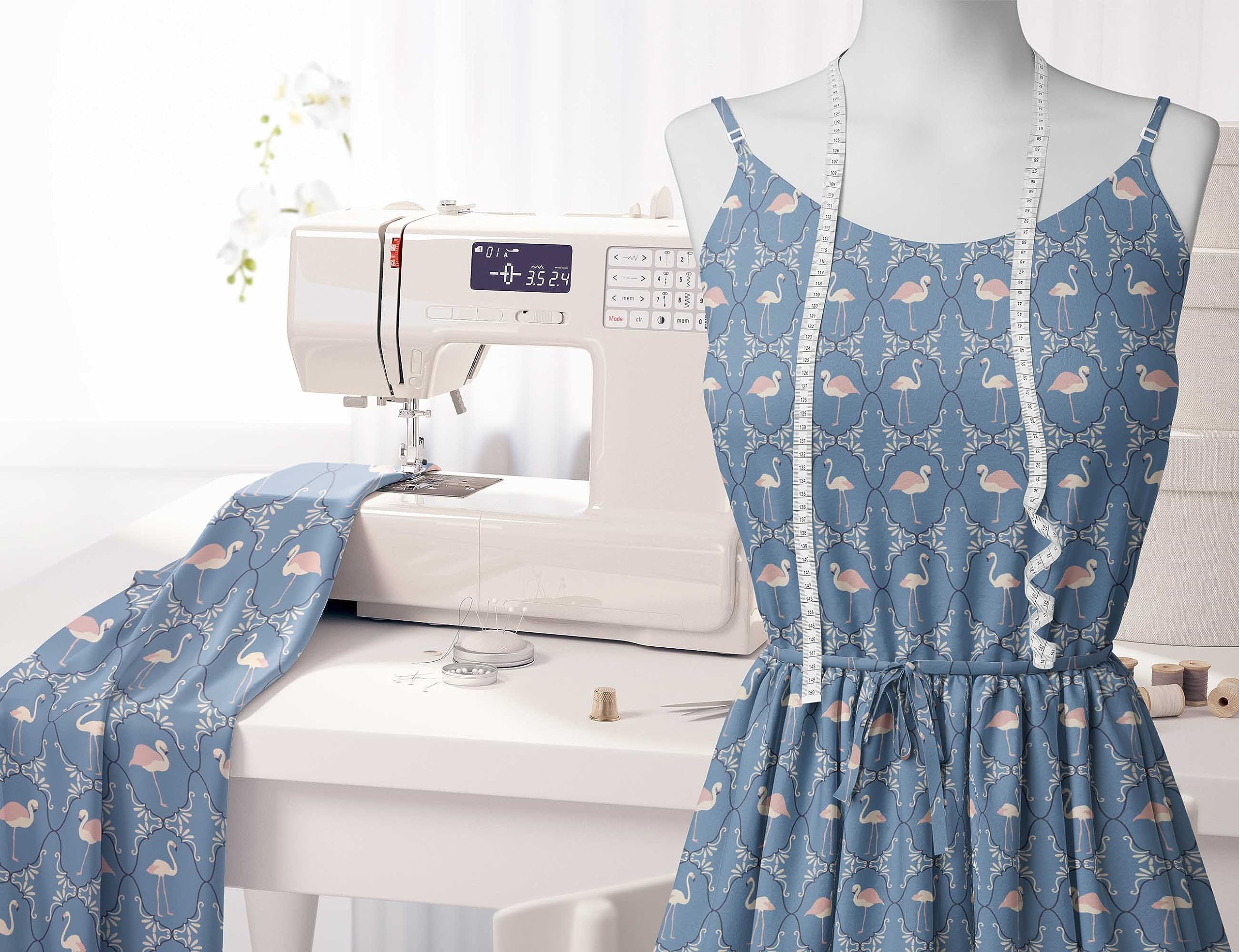 Soimoi Moss Georgette Blue Fabric by The Yard - 42 Inch Wide Flamingo & Moroccan Damask Printed Textile - Tropical Pattern Fabric for Dresses, Curtains & DIY Projects - Lightweight Chiffon Material for Sewing & Crafting