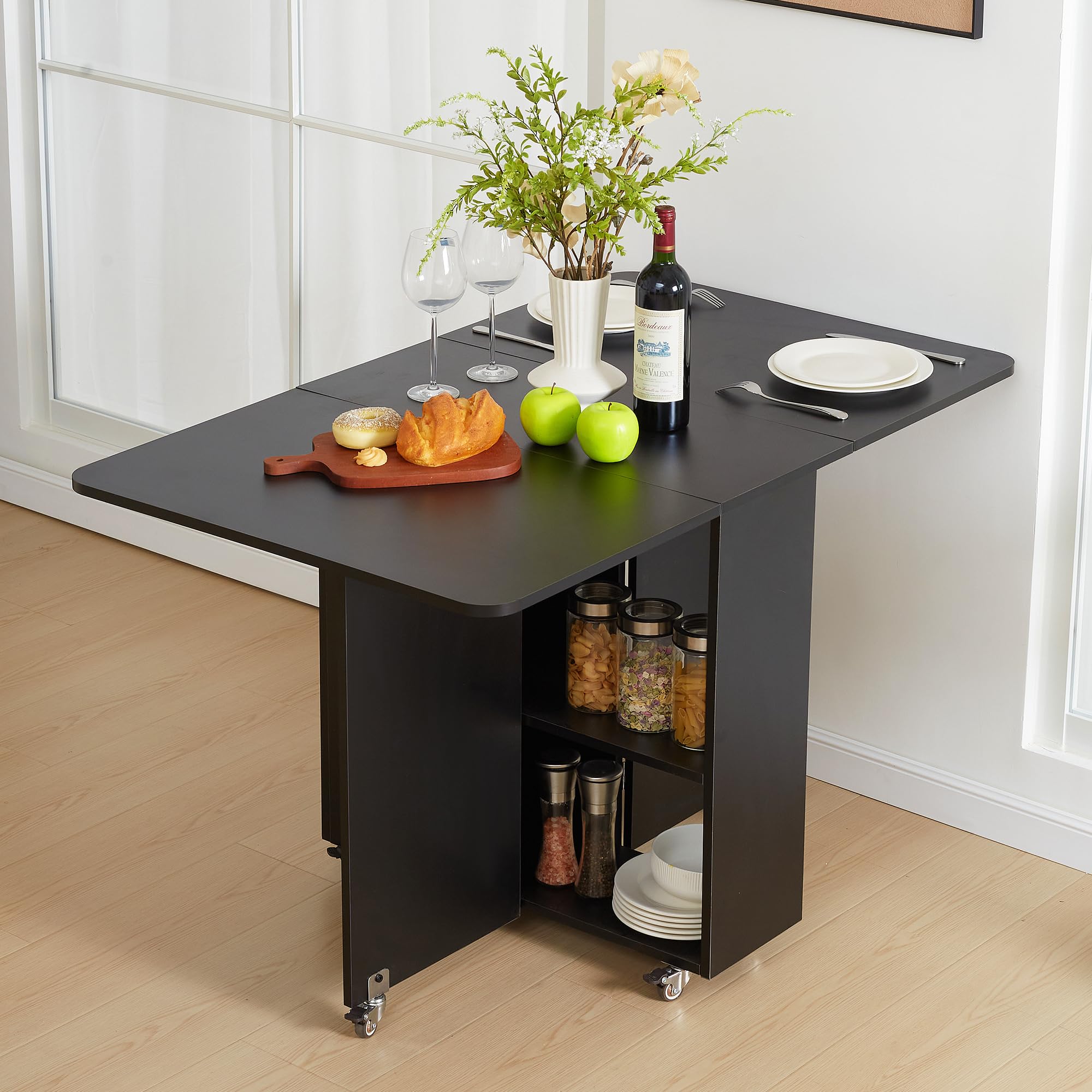 Space Saving Drop Leaf Folding Dining Table with Lockable Wheels & Storage Drawer - Extendable Kitchen Table for Small Apartments, Breakfast Nook, Studio Living & RV Homes