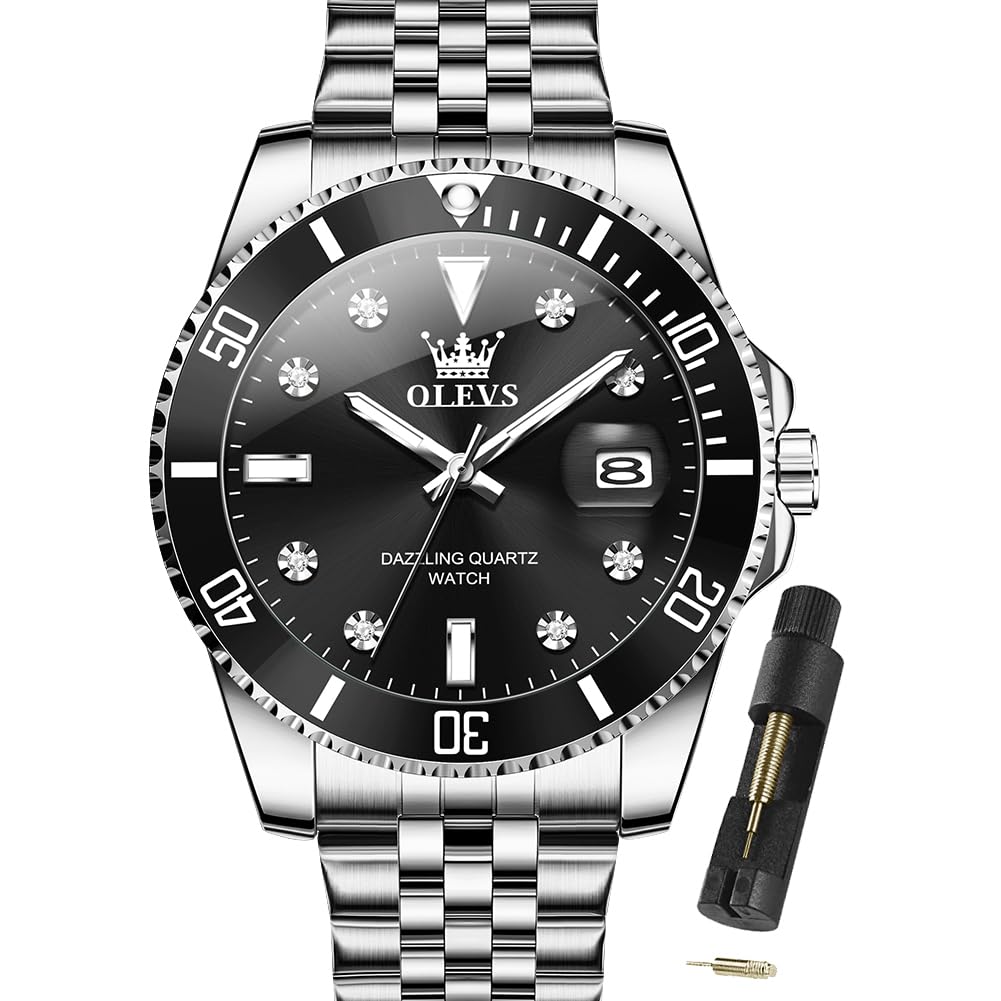 Premium OLEVS Men's Stainless Steel Business Watch - Diamond Accent Large Dial, Date Display & Waterproof - Ideal for Office Wear, Formal Events & Daily Use