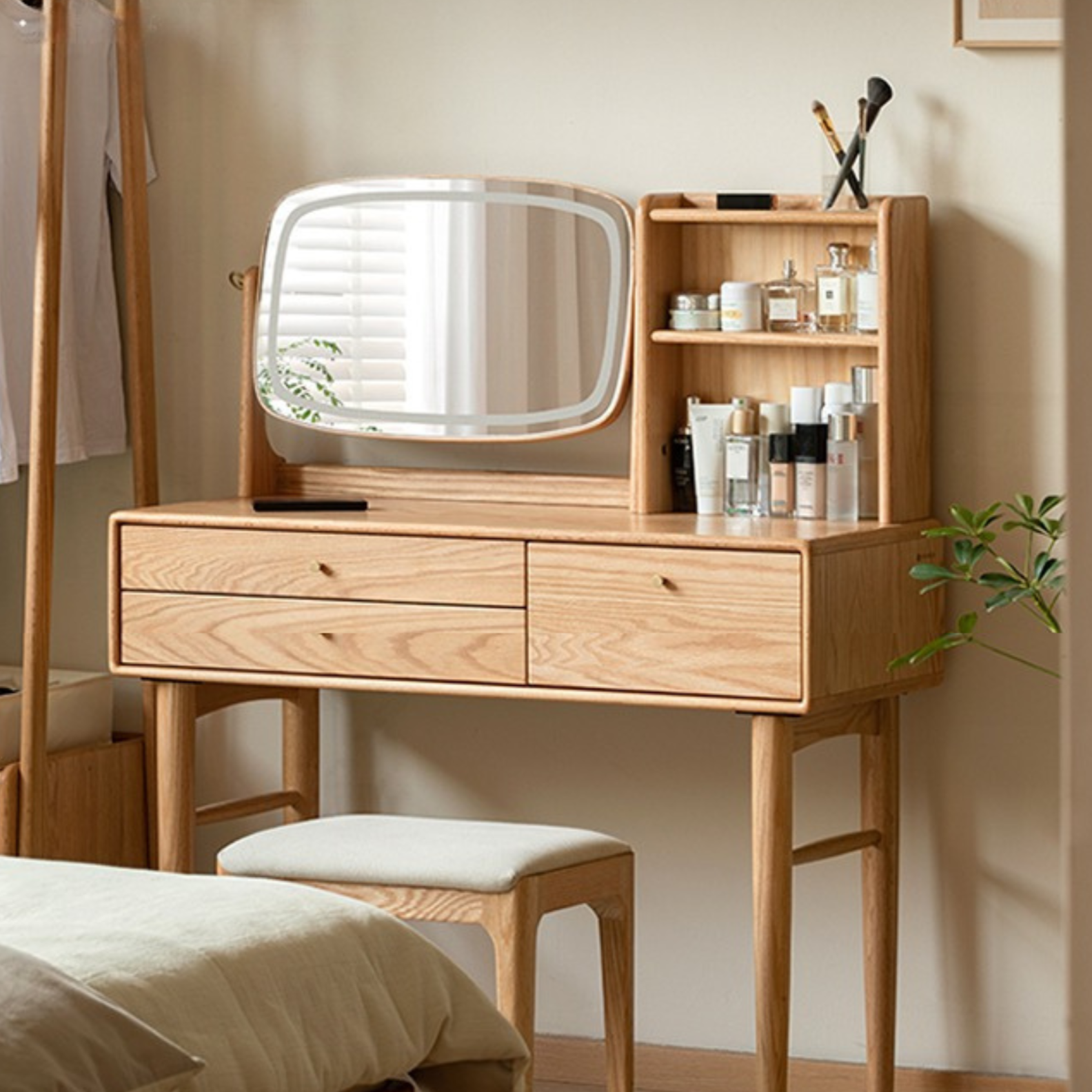 Solid Oak & Ash Wood Dressing Table with LED Lighted Makeup Mirror - Perfect for Bedroom Vanity, Makeup Application & Home Decor