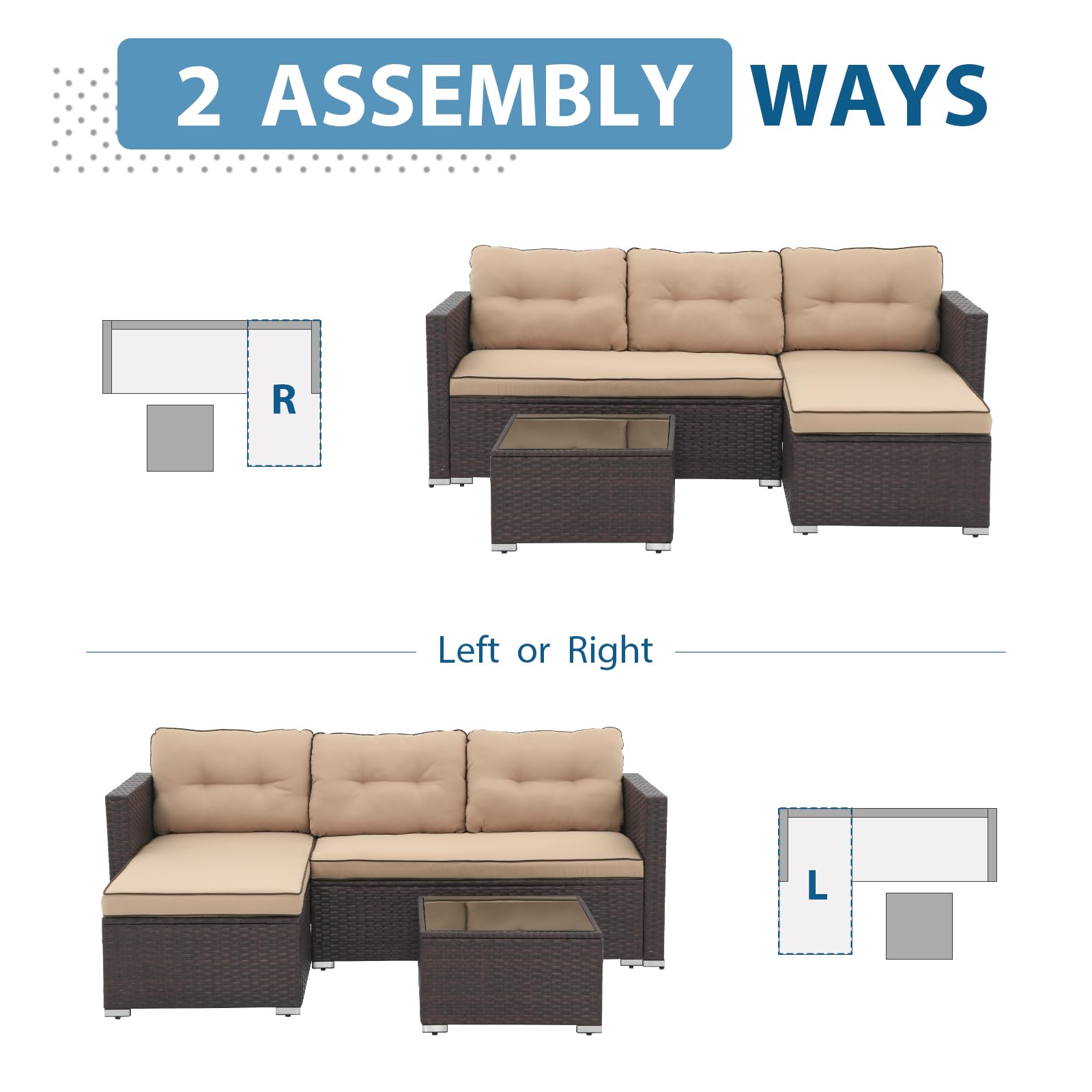 JOIVI Outdoor Patio Furniture Set - All-Weather Wicker Rattan L-Shaped Sectional Sofa with Cushions & Tempered Glass Coffee Table - Perfect for Backyard, Garden, Poolside or Balcony Relaxation (Beige)
