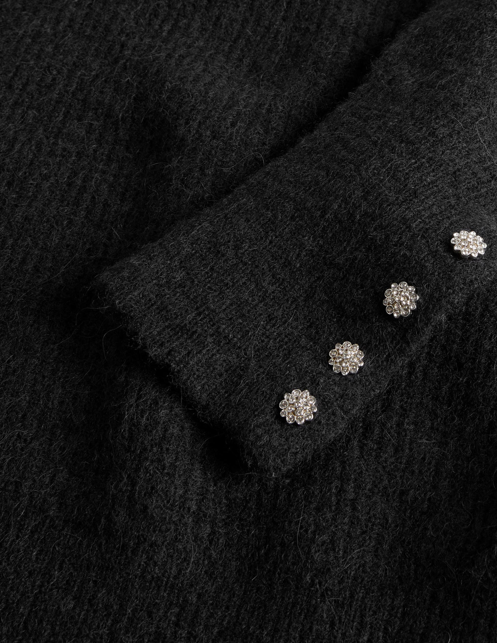 Black Jewel Button Fluffy Sweater for Women - Cozy Knit Cardigan with Rhinestone Buttons - Perfect for Winter, Fall & Casual Outfits