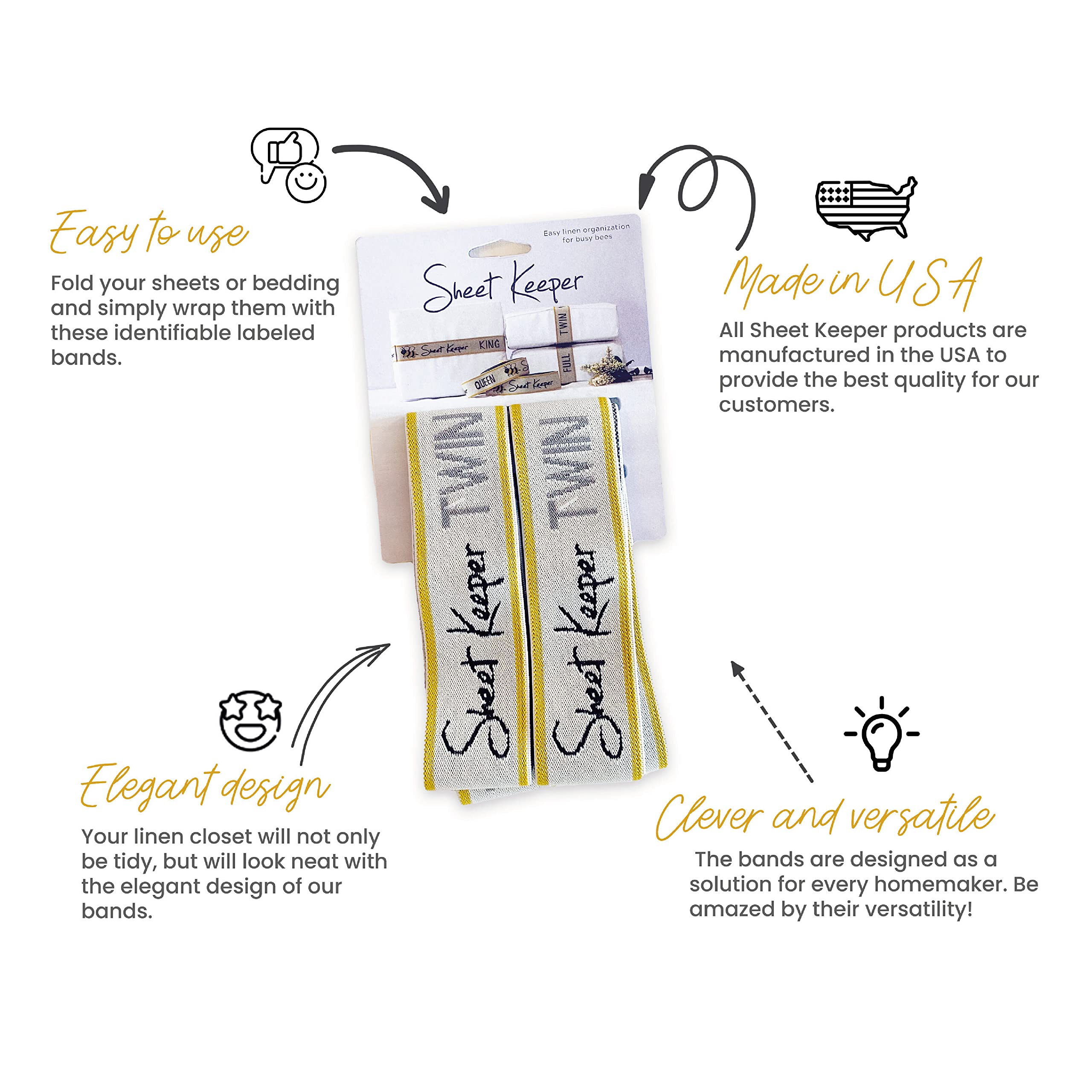 Premium USA-Made Sheet Keeper - Closet Organizer with Label Bands for Bed Linens (2 Bands Included) | Perfect for Bed Sheet Storage & Closet Organization | Ideal for Home, Dorm, and Airbnb Organization