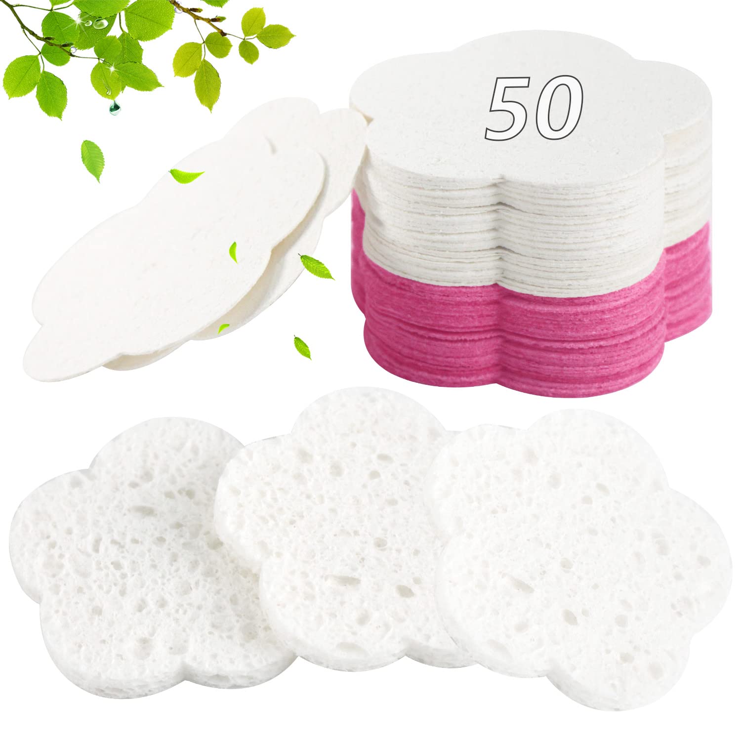 50-Count Compressed Facial Sponges | Natural Cleansing Pads | Cute Flower Exfoliating Sponges | Reusable Makeup Remover | Best Gift for Skincare Lovers (White+Pink) | Perfect for Daily Face Cleansing & Gentle Exfoliation