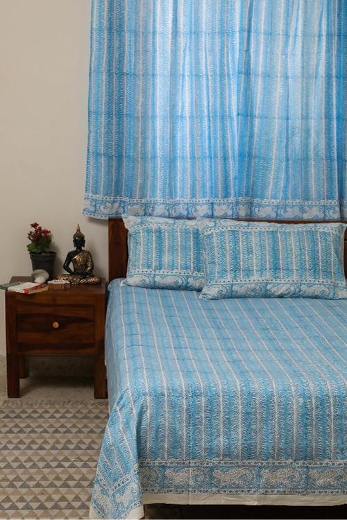 Sootisyahi 'Sky Weed' Handblock Printed Cotton Bedsheet - 100% Organic Cotton, Queen Size, Bohemian Style Bedding for Home Decor & Guest Room