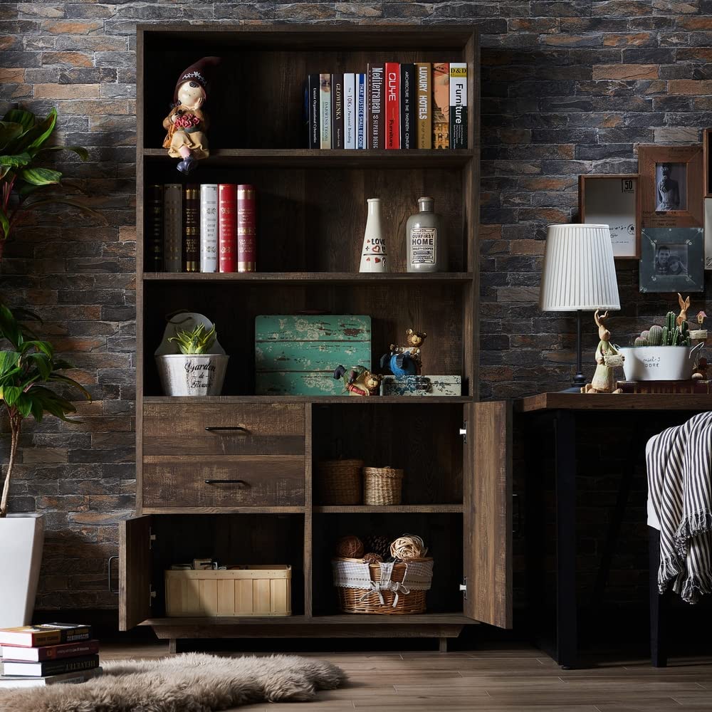 Furniture of America Jart Country Oak 5-Tier Multi-Storage Bookshelf - Rustic Oak Wood Bookcase for Living Room, Bedroom & Office Organization