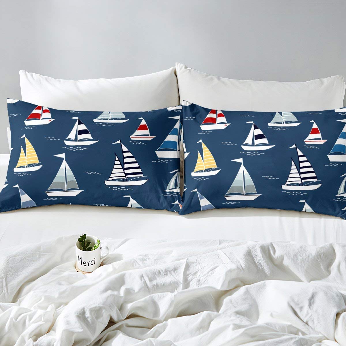 Erosebridal Nautical Duvet Cover Set - Twin Size Sailing Boat Ocean Theme Bedding with Surf Sea Wave Design | Navy Blue Marine Quilt Cover for Kids, Boys, Girls & Teens | Perfect for Dorm Rooms, Guest Bedrooms & Coastal Themed Decor