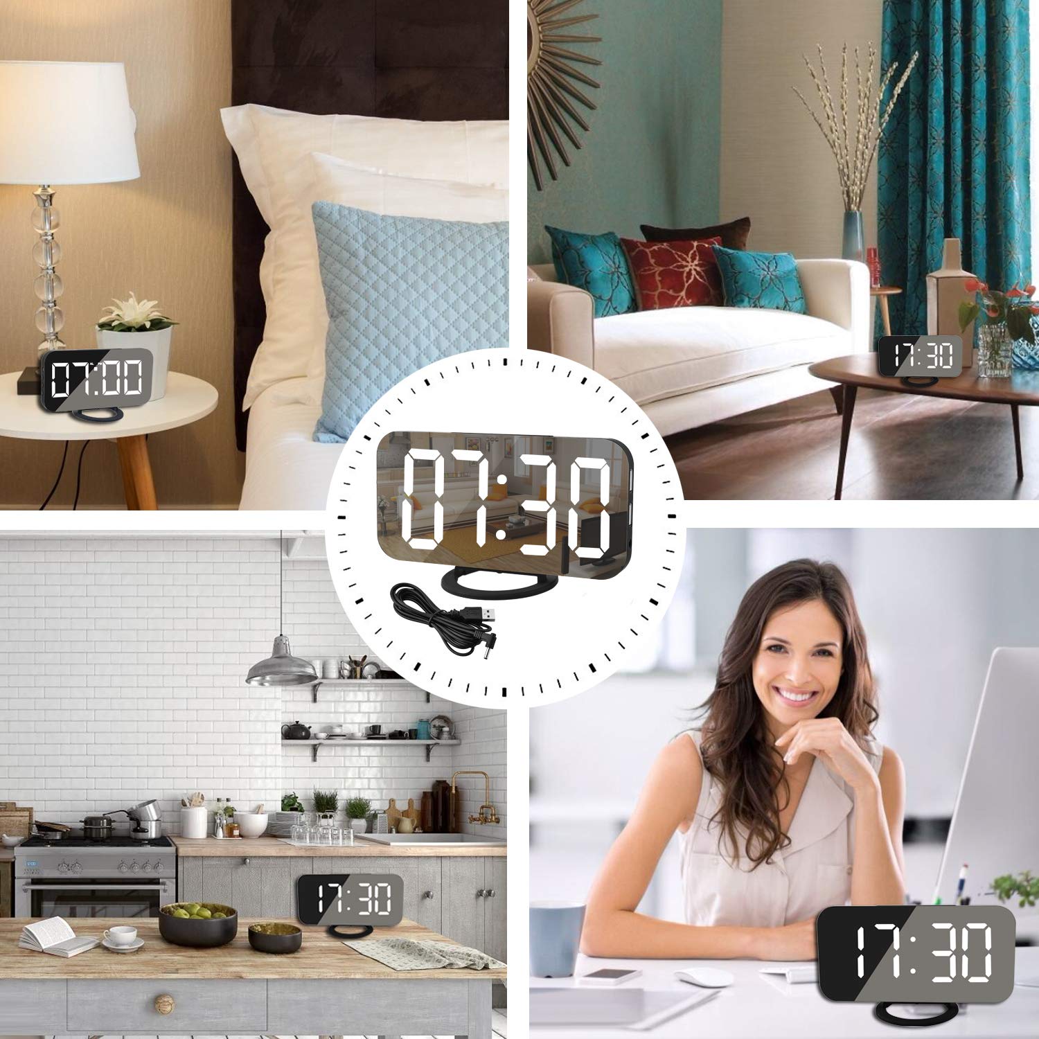 SZELAM Large Digital LED Alarm Clock with Mirror Surface - 3-Level Brightness, Dimming Mode & Dual USB Ports - Perfect for Bedroom, Home Decor, Makeup Vanity & Nightstand (Black)