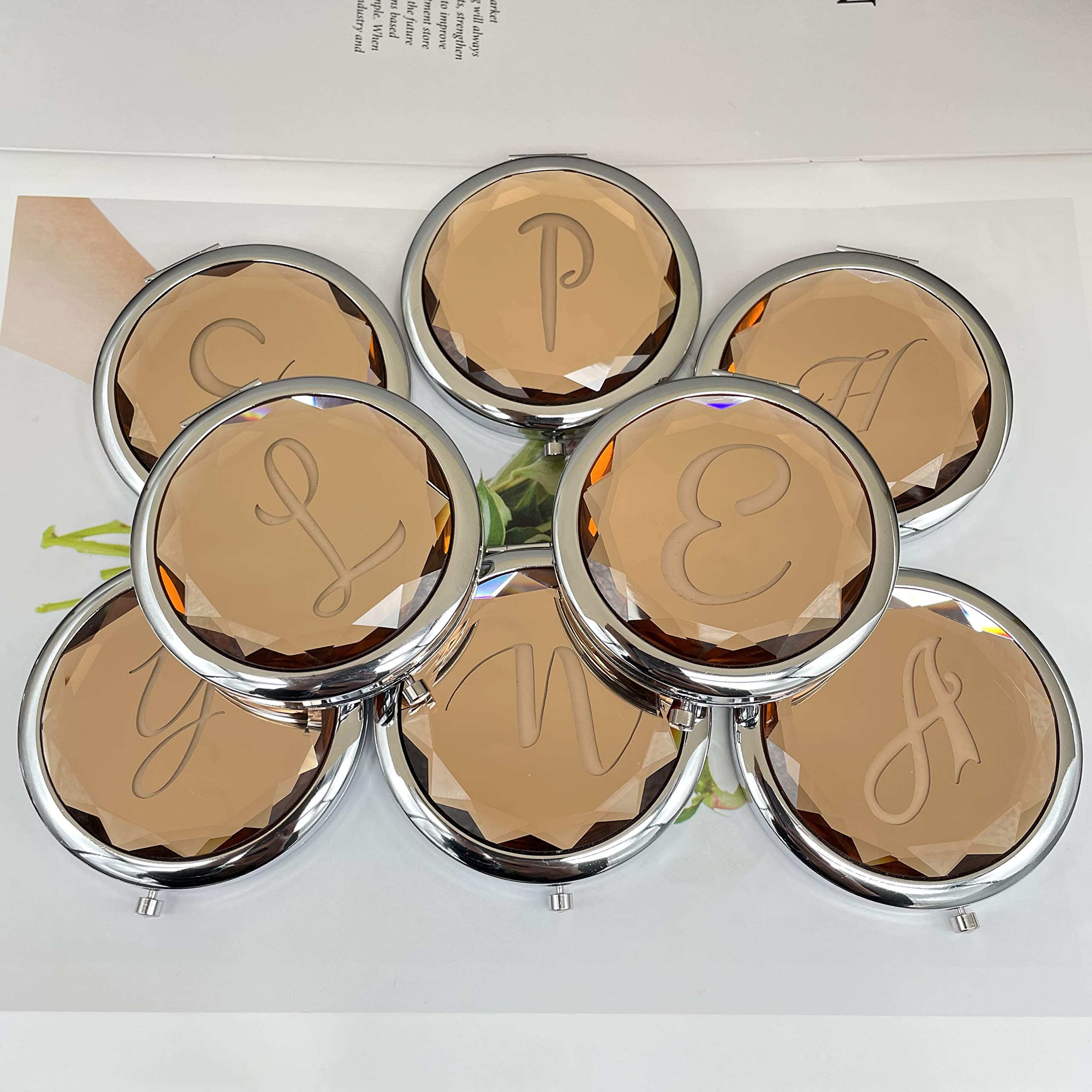 Personalized Initial Monogram Letter S Compact Crystal Pocket Makeup Mirror with Love Knot Bracelet - Elegant Bachelorette Party, Bridesmaid Proposal & Wedding Gift Set (Champagne) - Perfect for Travel, Bridal Showers & Special Occasions