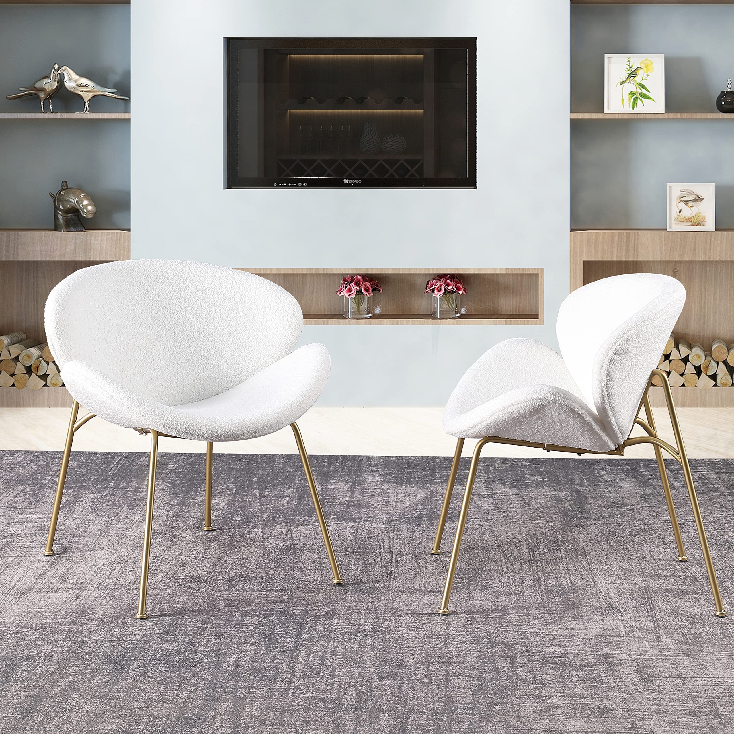 Yoluckea 2-Pack Faux Fur Vanity Chairs - Modern Upholstered Accent Chairs with Gold Metal Legs, Arced Seat & Back - Elegant Makeup Desk Chair & Dining Side Chair for Living Room, Bedroom, Kitchen (White) - Perfect for Vanity Tables, Dining Nooks & Cozy Reading Corners