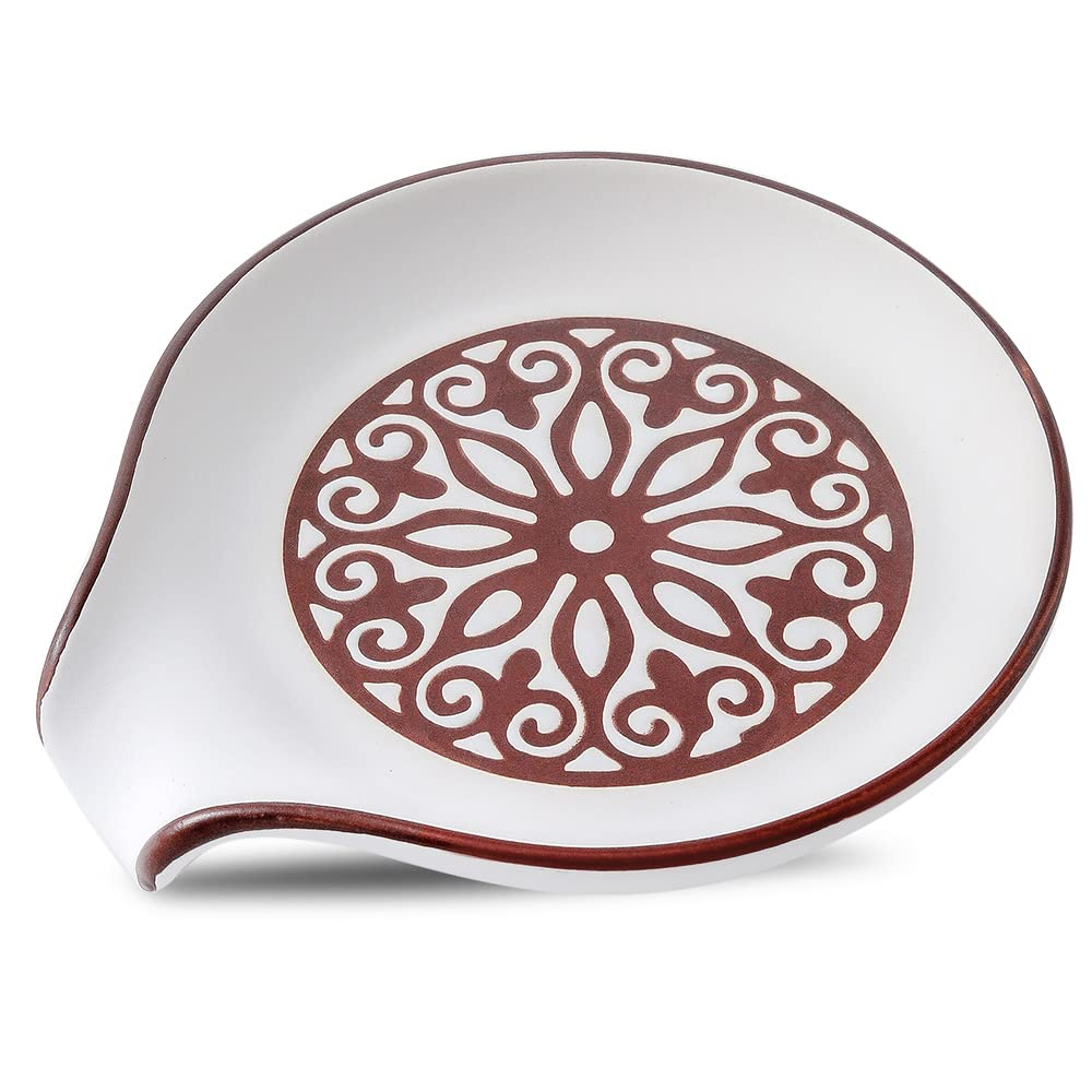 Misijuer Ceramic Spoon Rest for Stove Top - Extra Large Kitchen Counter Spoon Holder, Dishwasher Safe, Cute White & Brown Flower Design - Perfect Kitchen Decor & Accessory for Cooking, Serving, and Countertop Organization