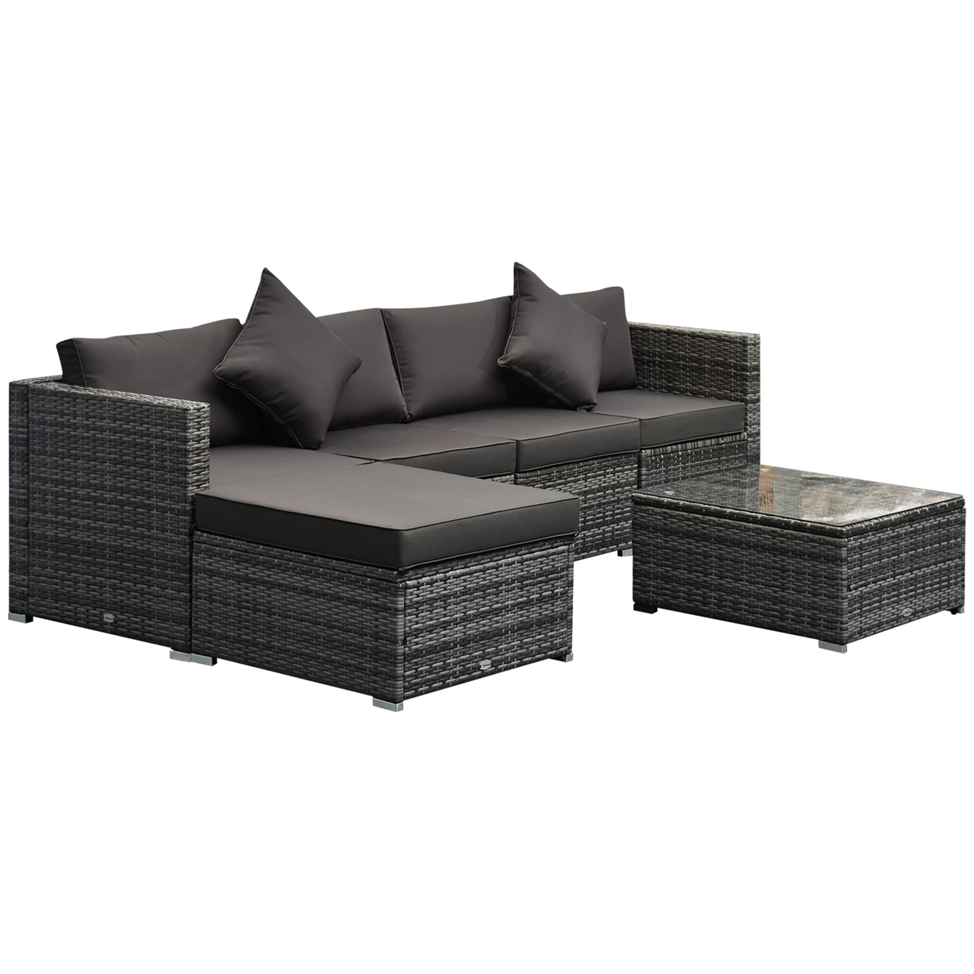 Outsunny 6-Piece All-Weather PE Rattan Patio Furniture Set - Outdoor Wicker Sectional Sofa with Ottoman, Cushions & Tempered Glass Table - Mixed Gray & Charcoal - Perfect for Backyard, Garden, and Poolside Relaxation