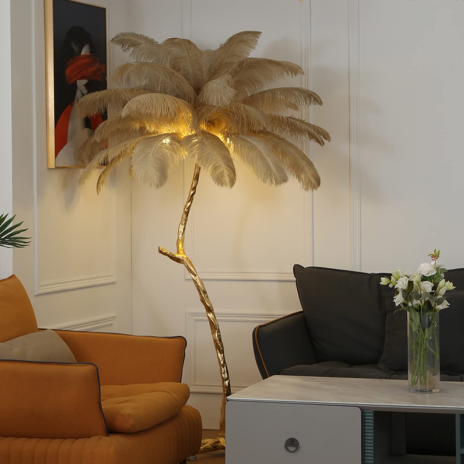Modern Luxury Real Ostrich Feather Gold Floor Lamp - 63
