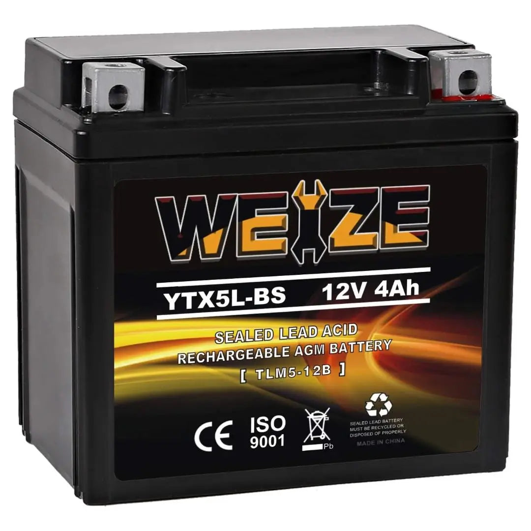 WEIZE YTX5L-BS 12V 4Ah AGM Sealed Motorcycle Battery - Maintenance Free, High Performance, Compatible with Honda, YUASA, Yamaha ETX5L-BS Batteries - Perfect for ATVs, Scooters, and Powersports Vehicles