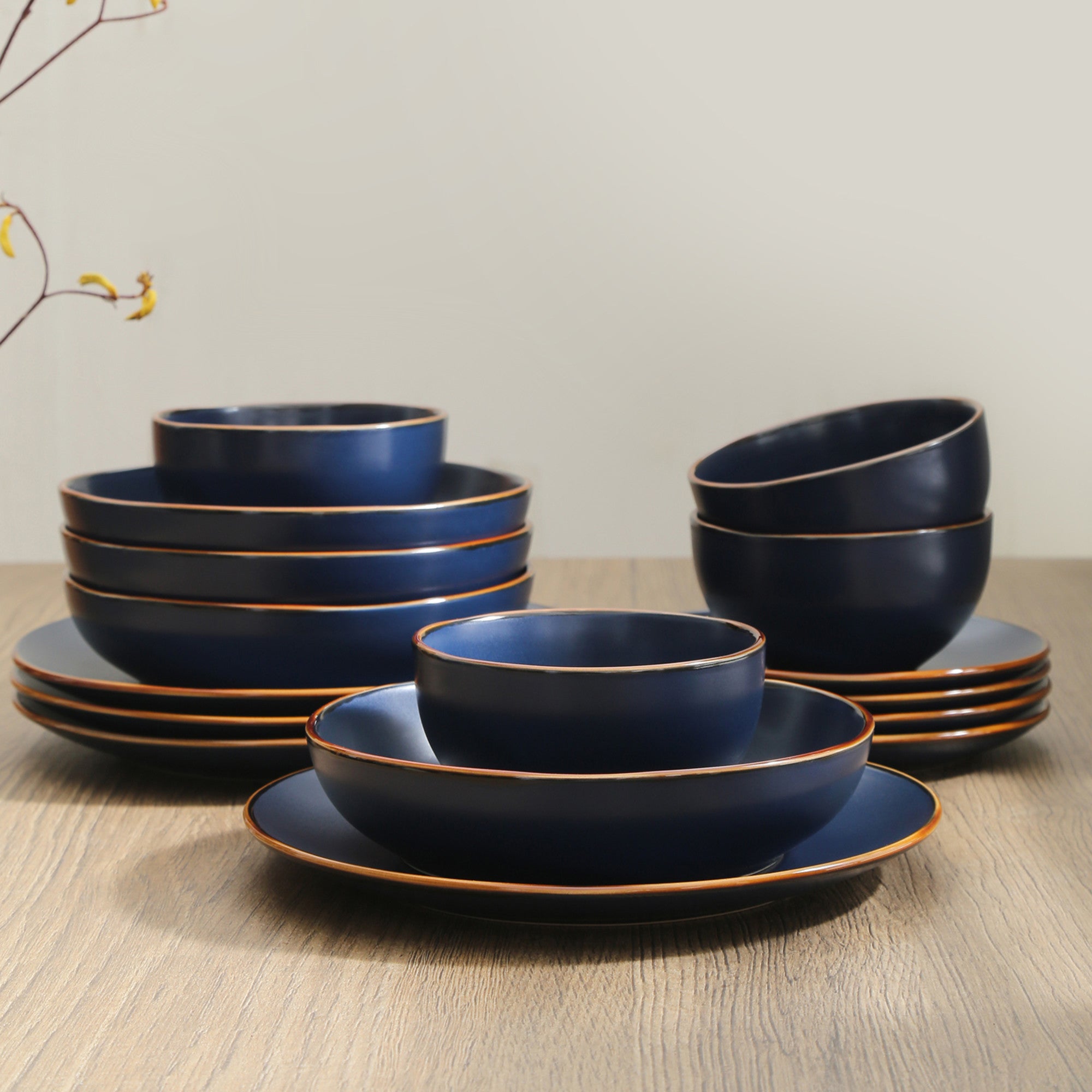 Premium Brasa Stoneware Dinnerware Set - 16-Piece Blue Ceramic Plates & Bowls for Everyday Dining & Entertaining