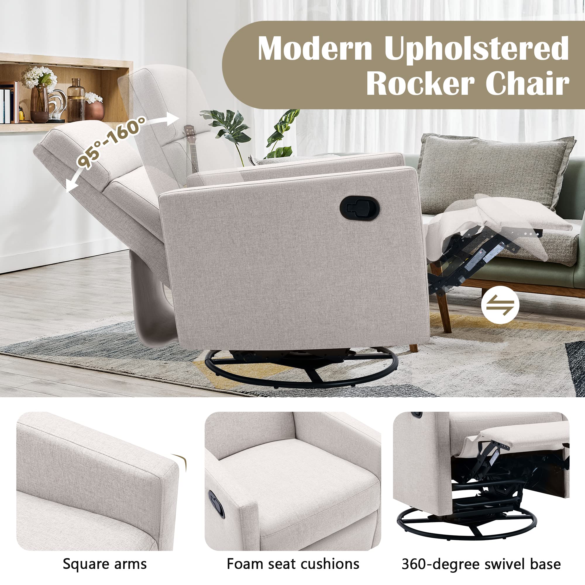 Swivel Rocking Recliner Chair for Adults - Manual Reclining Glider Sofa with High Back & Linen Upholstery in Tan | Perfect for Nursery, Living Room & Relaxation
