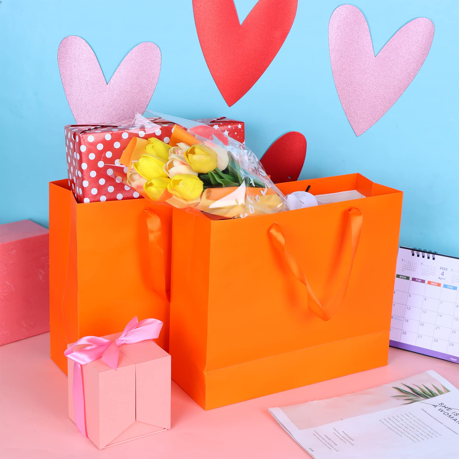 10 Pack Orange Kraft Paper Gift Bags with Handles - 12.6