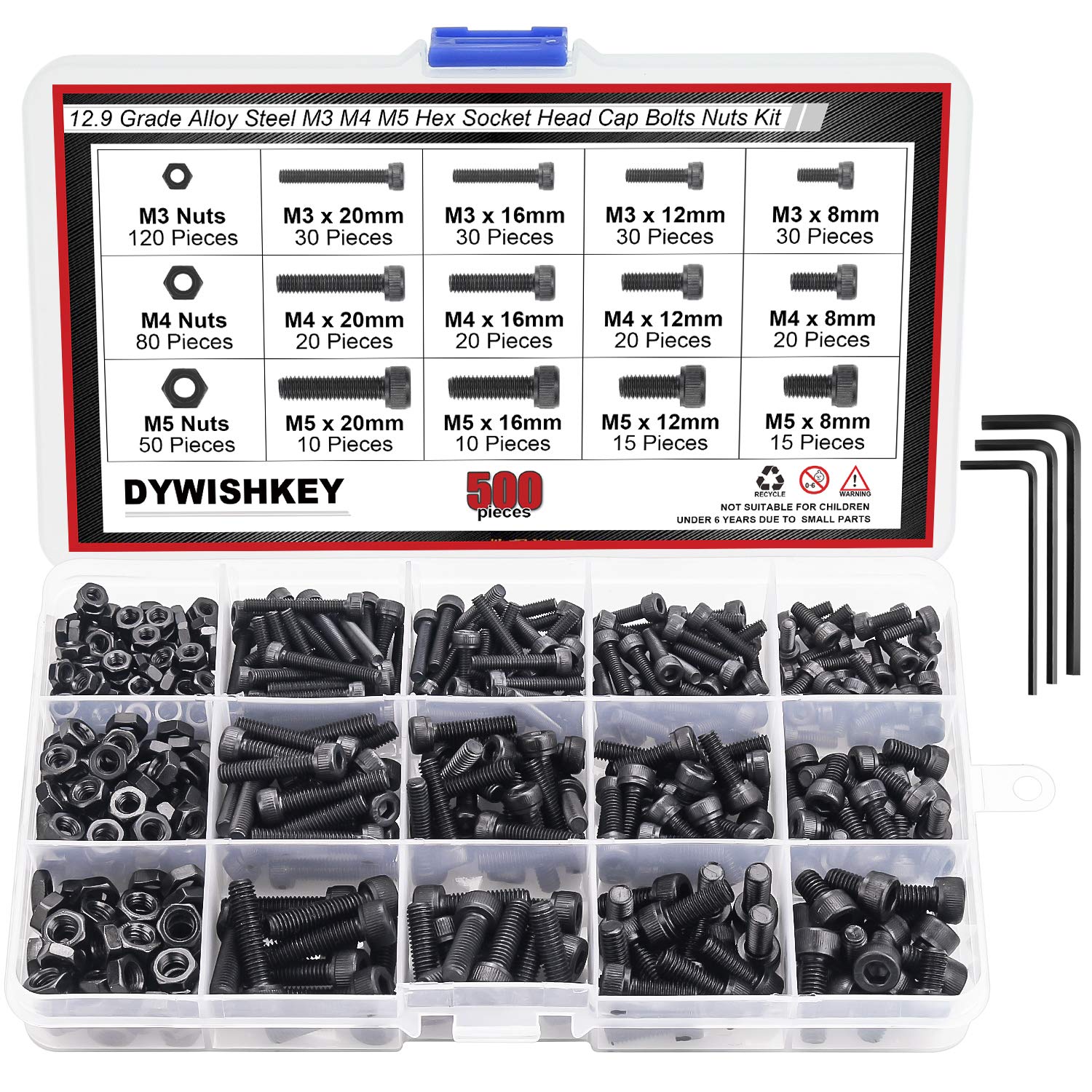 DYWISHKEY 500pcs M3-M5 12.9 Alloy Steel Hex Bolt Nut Kit with Wrenches for DIY & Repair