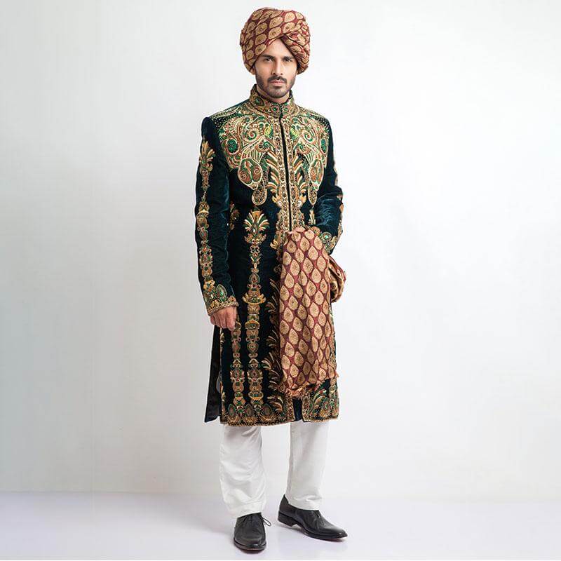 Deep Sea Green Velvet Sherwani for Men - Premium Fitted Indian Wedding Attire - Perfect for Groom's Outfit, Festive Occasions & Cultural Celebrations