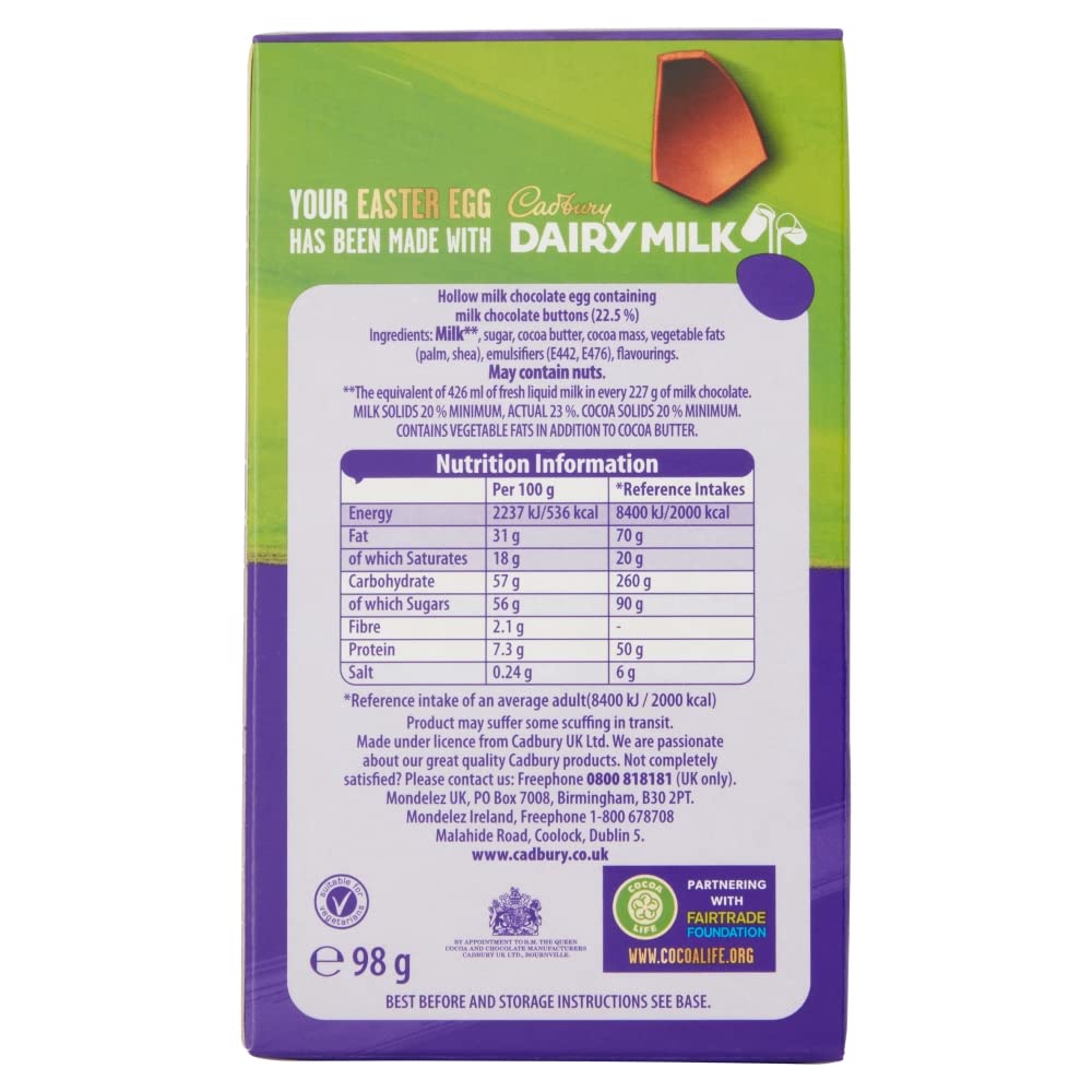 Cadbury Easter Egg 96g - Premium Milk Chocolate Egg with Giant Buttons Inside | Cadbury Dairy Milk Chocolate Easter Treat | Perfect for Easter Baskets, Gifts & Holiday Celebrations
