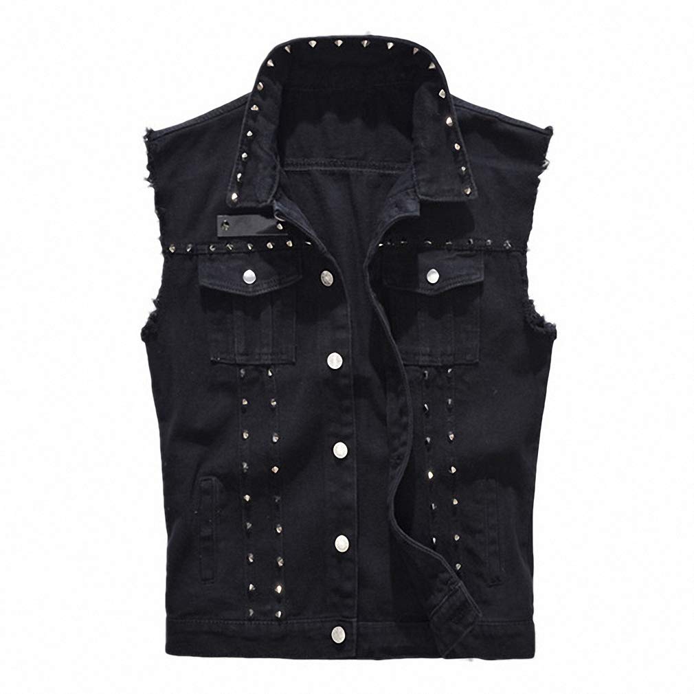 Men's Punk Rock Denim Vest with Rivet Details - Black Raw Edge Waistcoat Jacket for Casual Wear, Music Festivals & Street Style