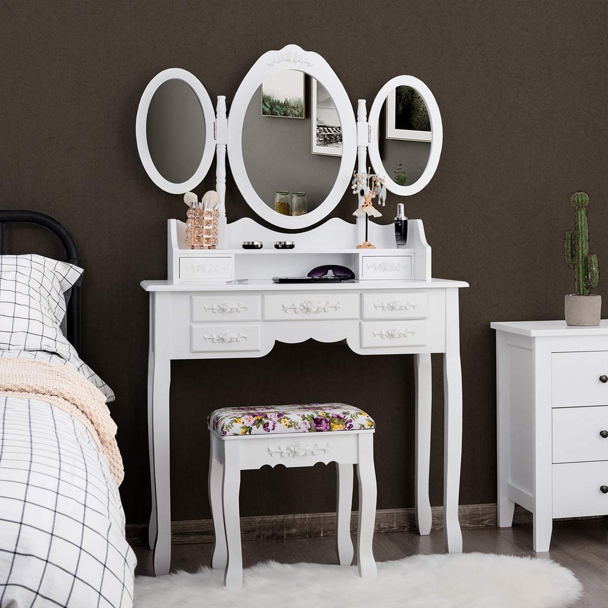 LDAILY Vanity Table Set with Cushioned Stool - White Makeup Dressing Table with Tri-Folding Oval Mirror, 7 Storage Drawers & Detachable Writing Desk for Women & Girls | Perfect for Bedroom, Dressing Room & Home Beauty Station