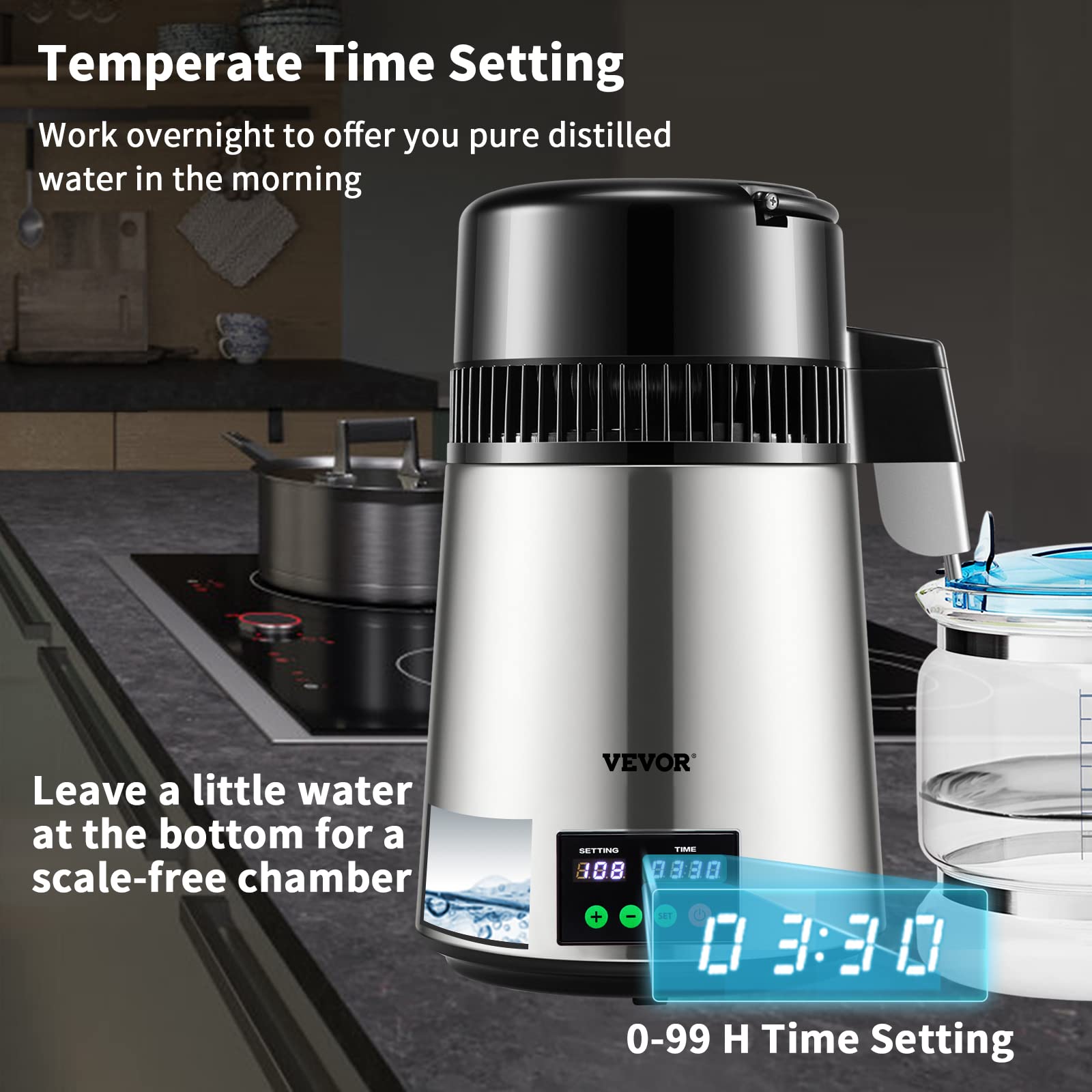 VEVOR 1.1 Gallon Countertop Water Distiller Machine - 750W Stainless Steel with Glass Carafe, 0.3 Gal/Hour Output & Digital Display - Includes Cleaning Powder & 3 Carbon Filters for Home, Office, or Emergency Preparedness