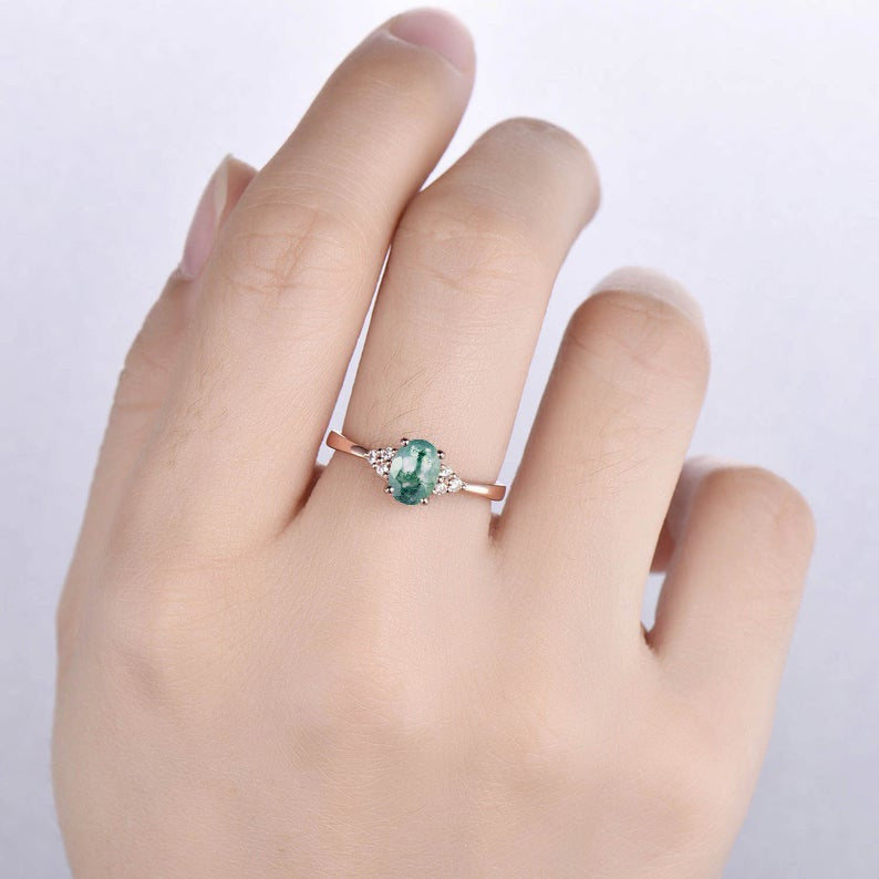Natural Moss Agate Rose Gold Wedding Band for Women - Elegant Oval Engagement Ring & Anniversary Jewelry Gift for Brides, Wives & Couples (Perfect for Weddings, Proposals & Romantic Occasions)